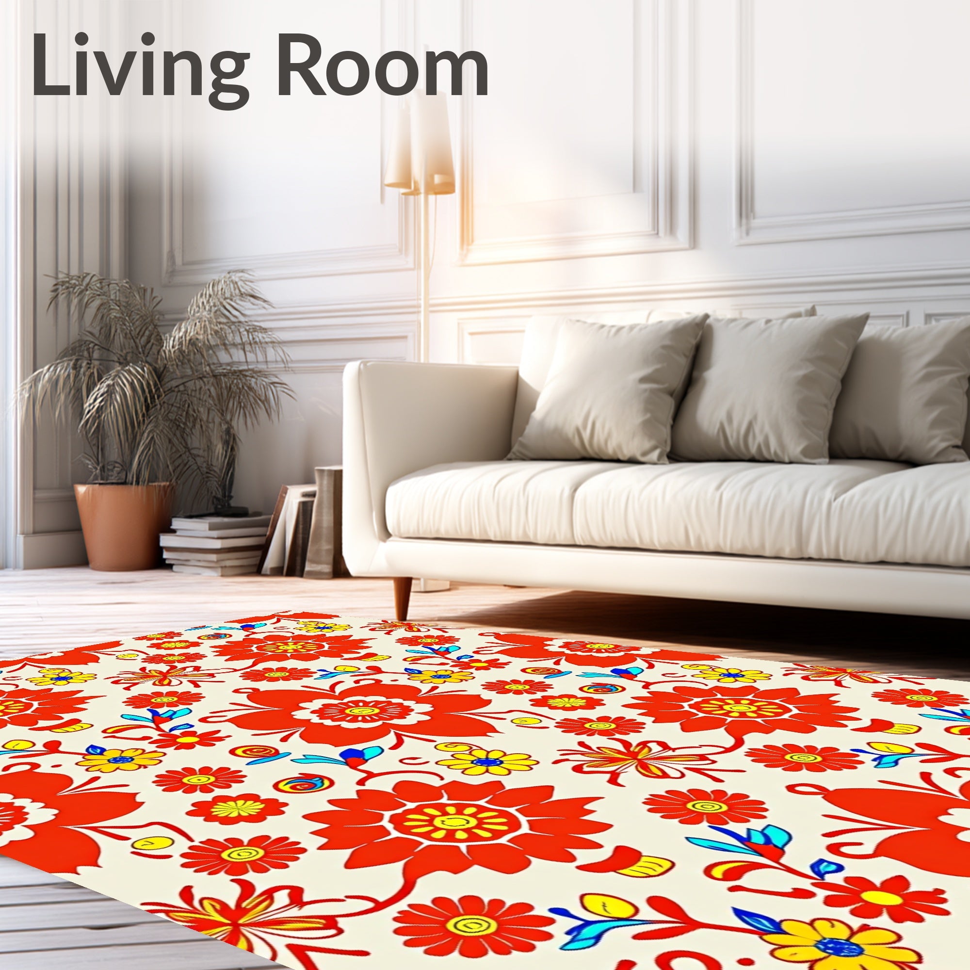 Vibrant Red Yellow Folk Floral Rug