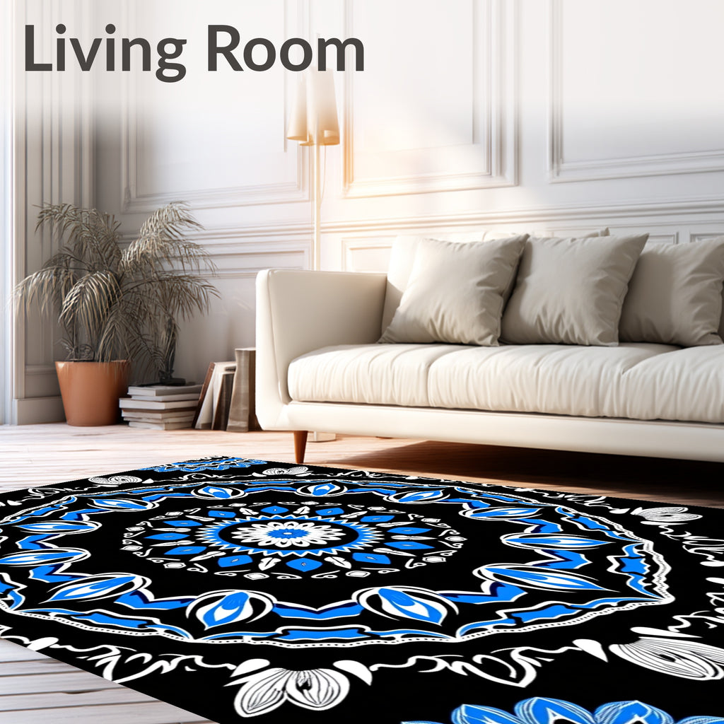 Bold Black White Blue Mandala Rug