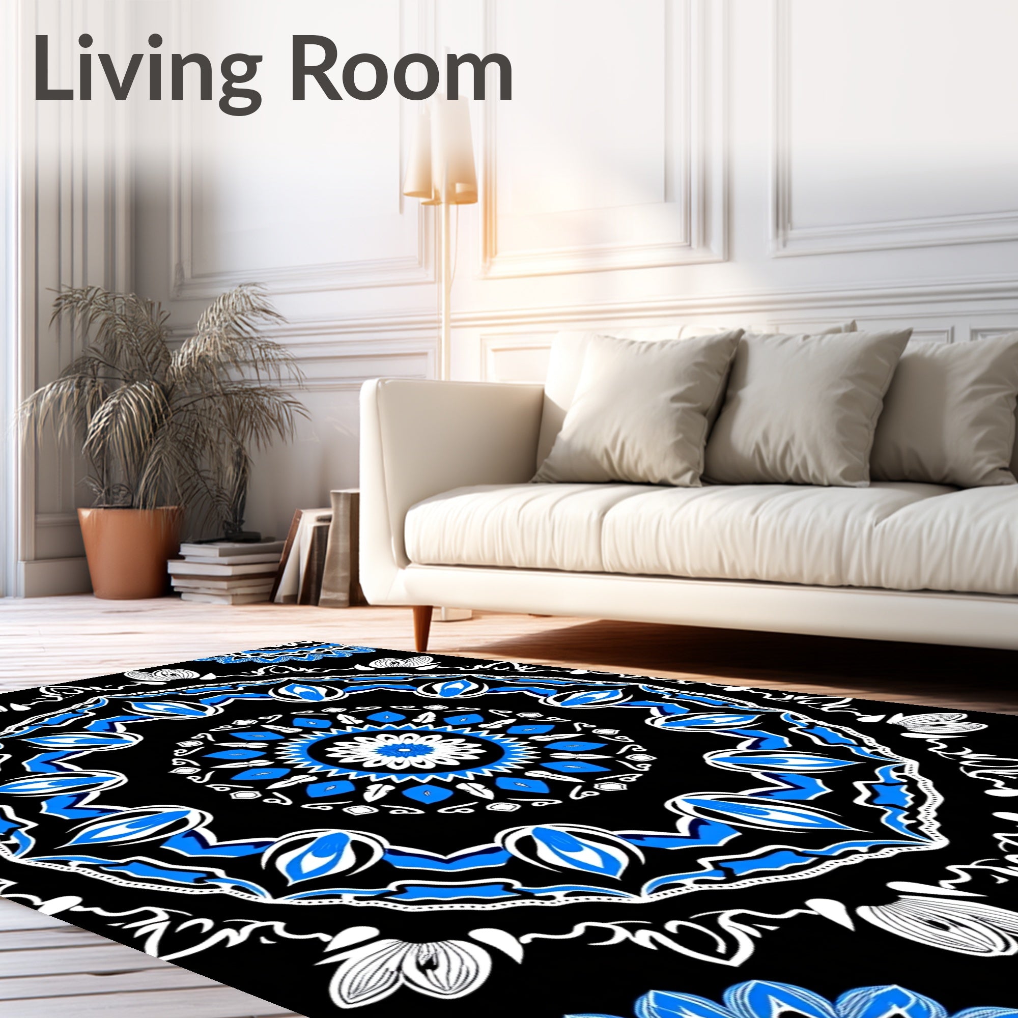 Bold Black White Blue Mandala Rug