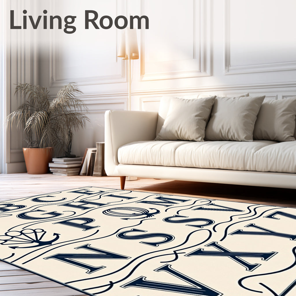 Nautical Alphabet Navy Ivory Waves Rug