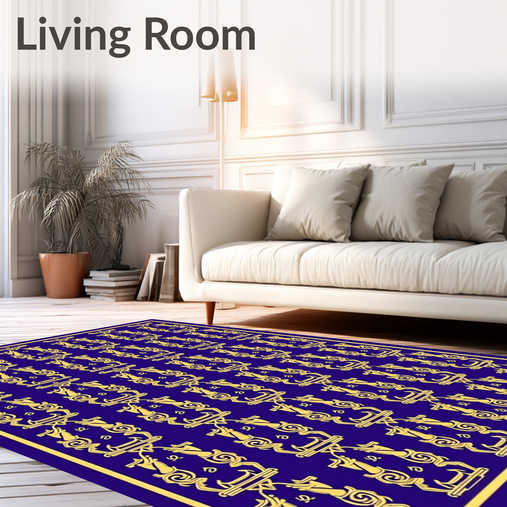 Ornate Gold Blue Damask Medallion Rug