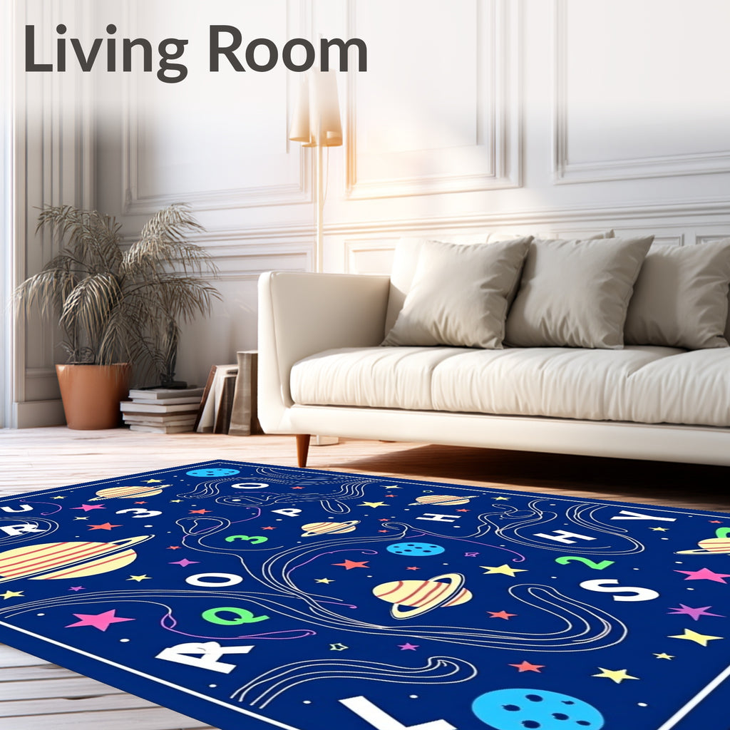 Cosmic Blue Planetary Alphabet Swirls Rug