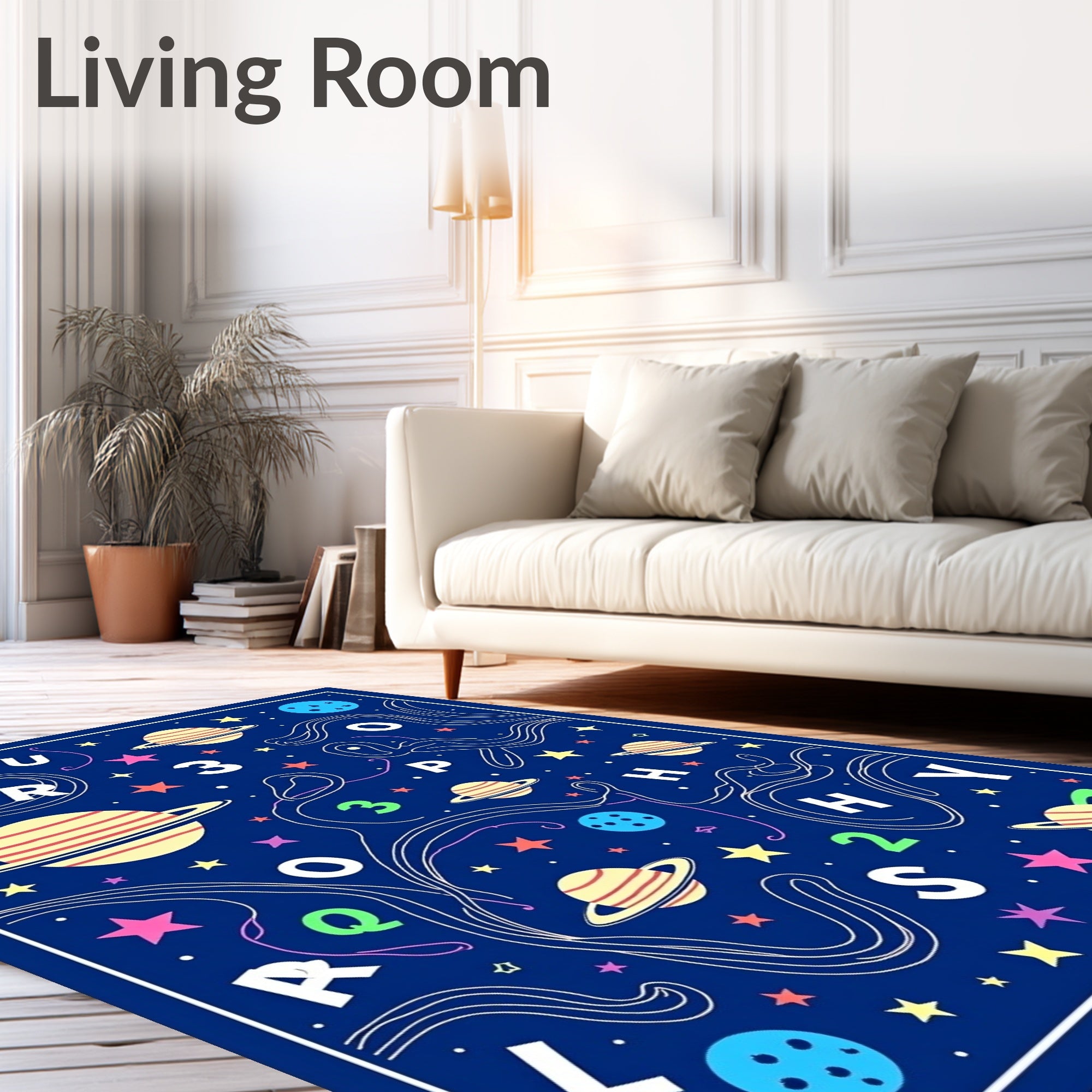 Cosmic Blue Planetary Alphabet Swirls Rug