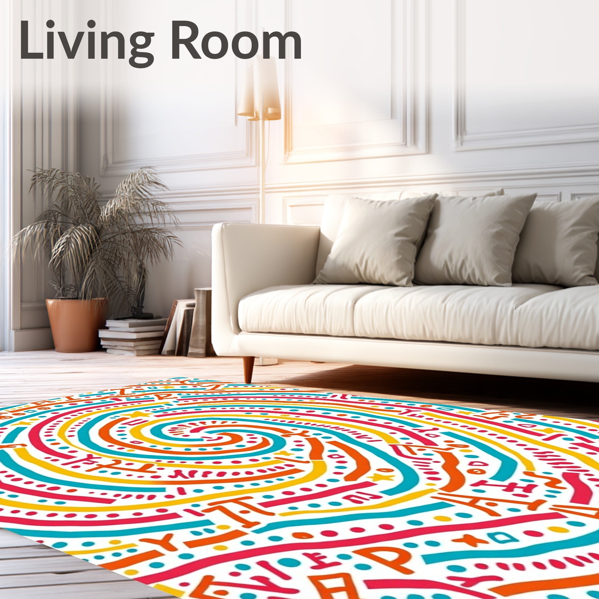 Vibrant Rainbow Swirl Alphabet Art Rug