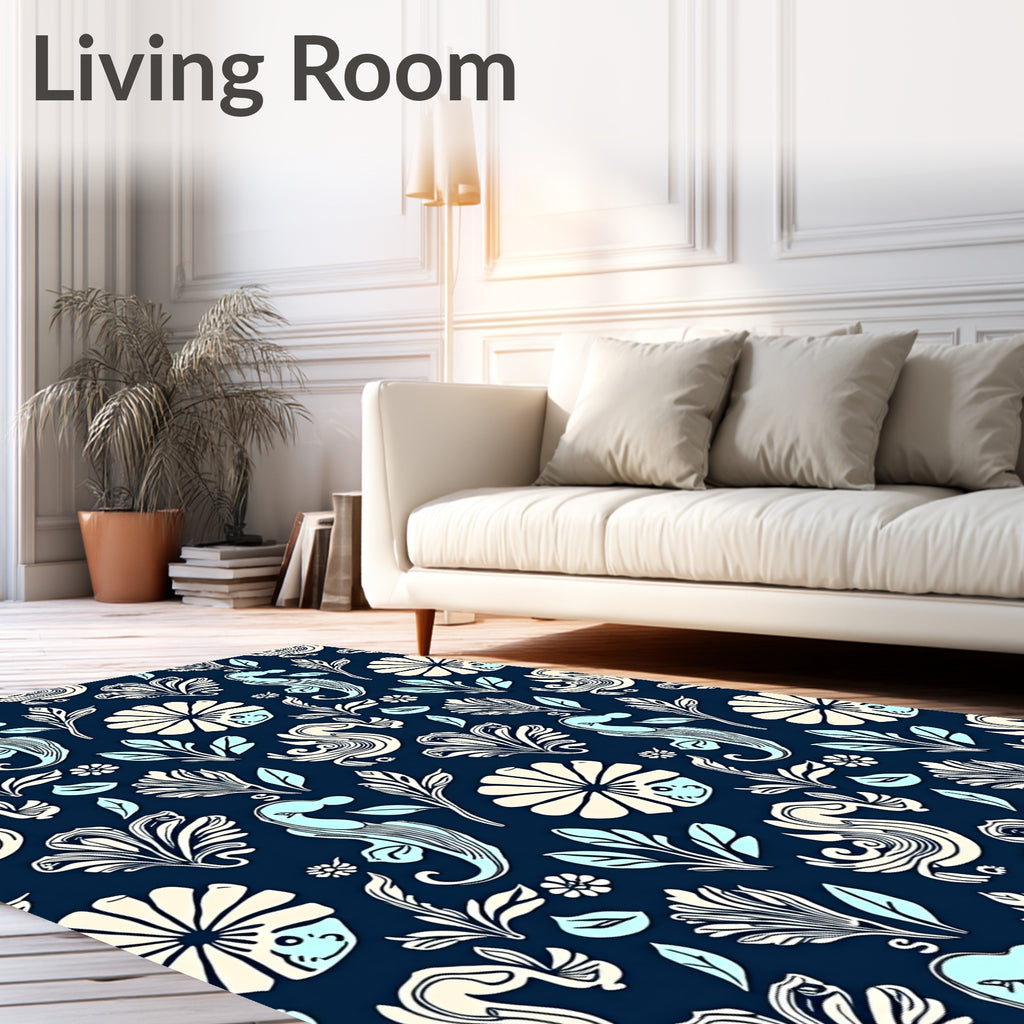 Navy Blue Cream Aqua Seahorse Floral Rug