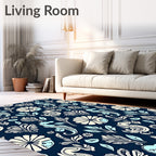 Navy Blue Cream Aqua Seahorse Floral Rug