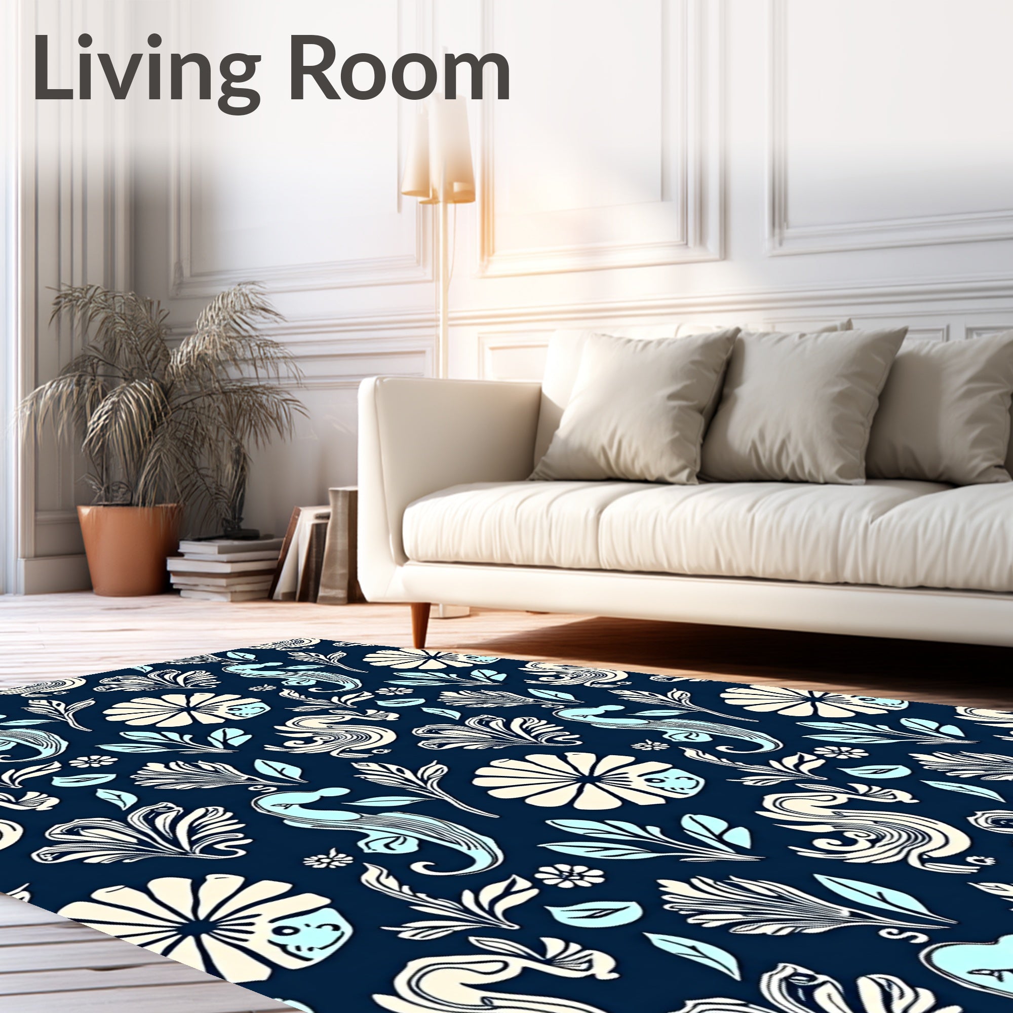Navy Blue Cream Aqua Seahorse Floral Rug