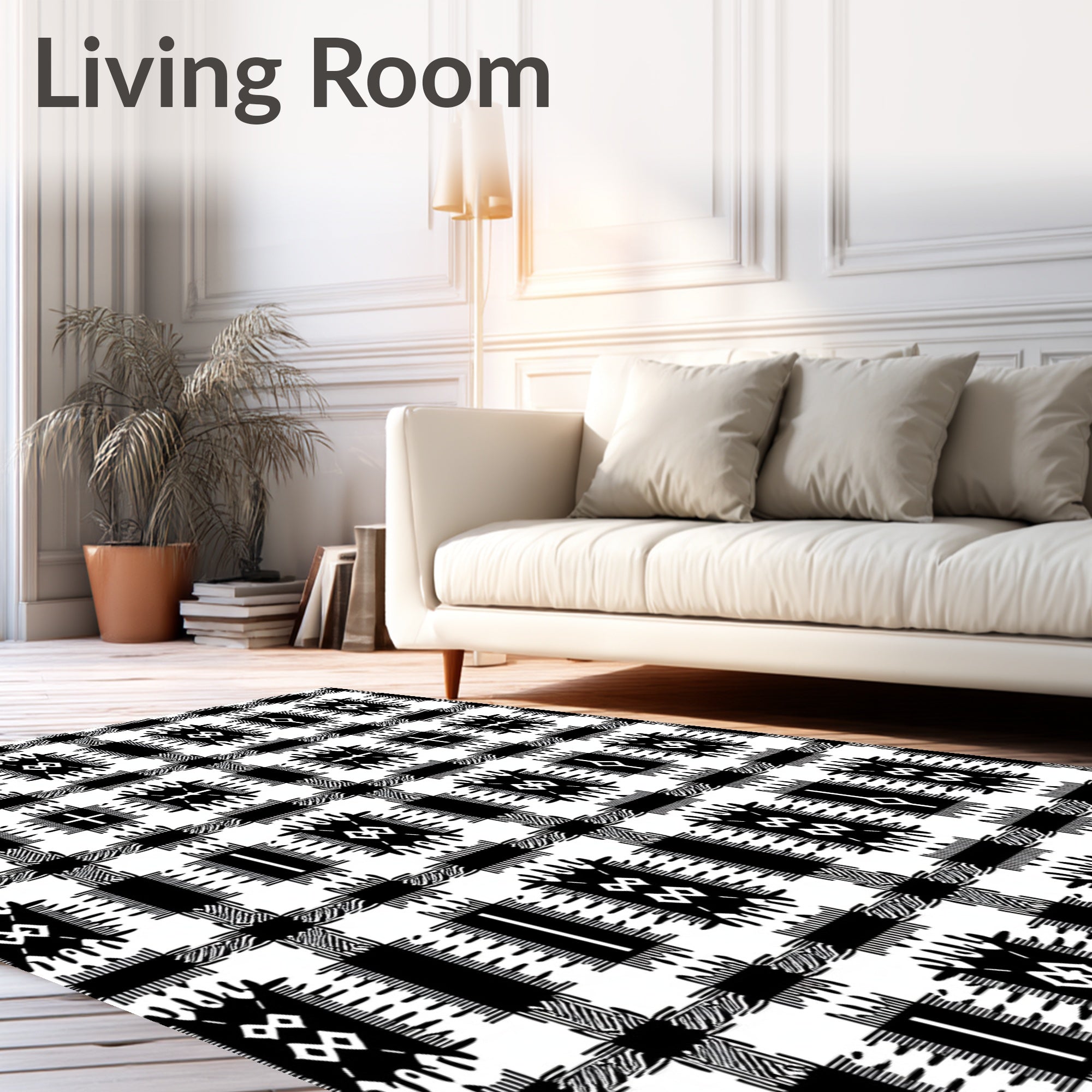 Black and White Plaid Ethnic Medallion Rug