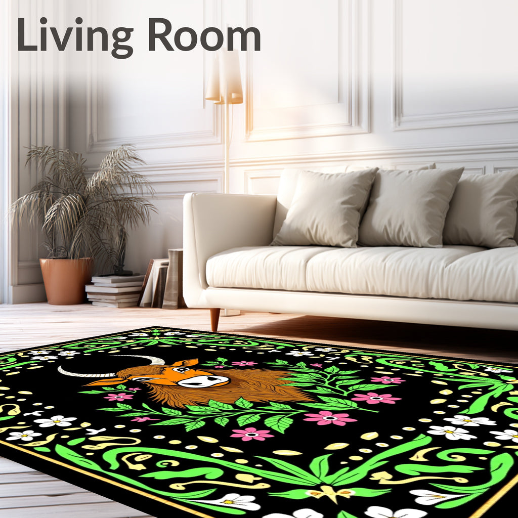 Whimsical Brown Bull Floral Border Rug