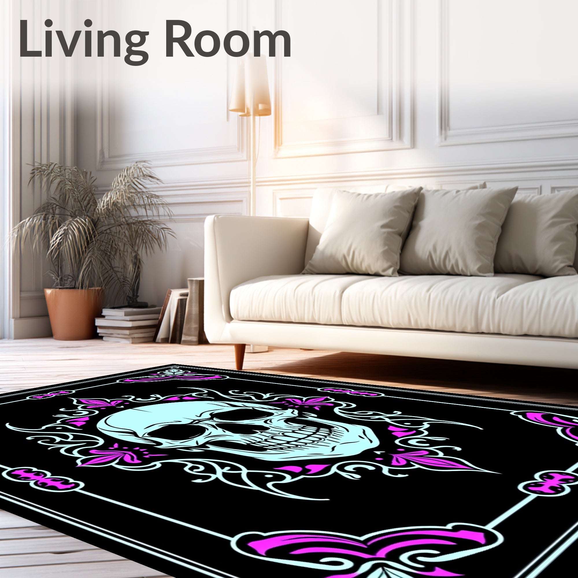 Light Blue Skull Gothic Floral Frame Rug