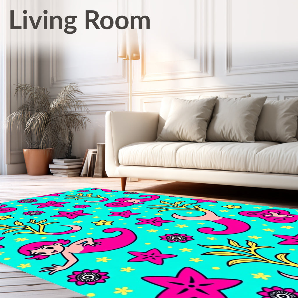 Cute Pink Mermaid Starfish Floral Aqua Rug