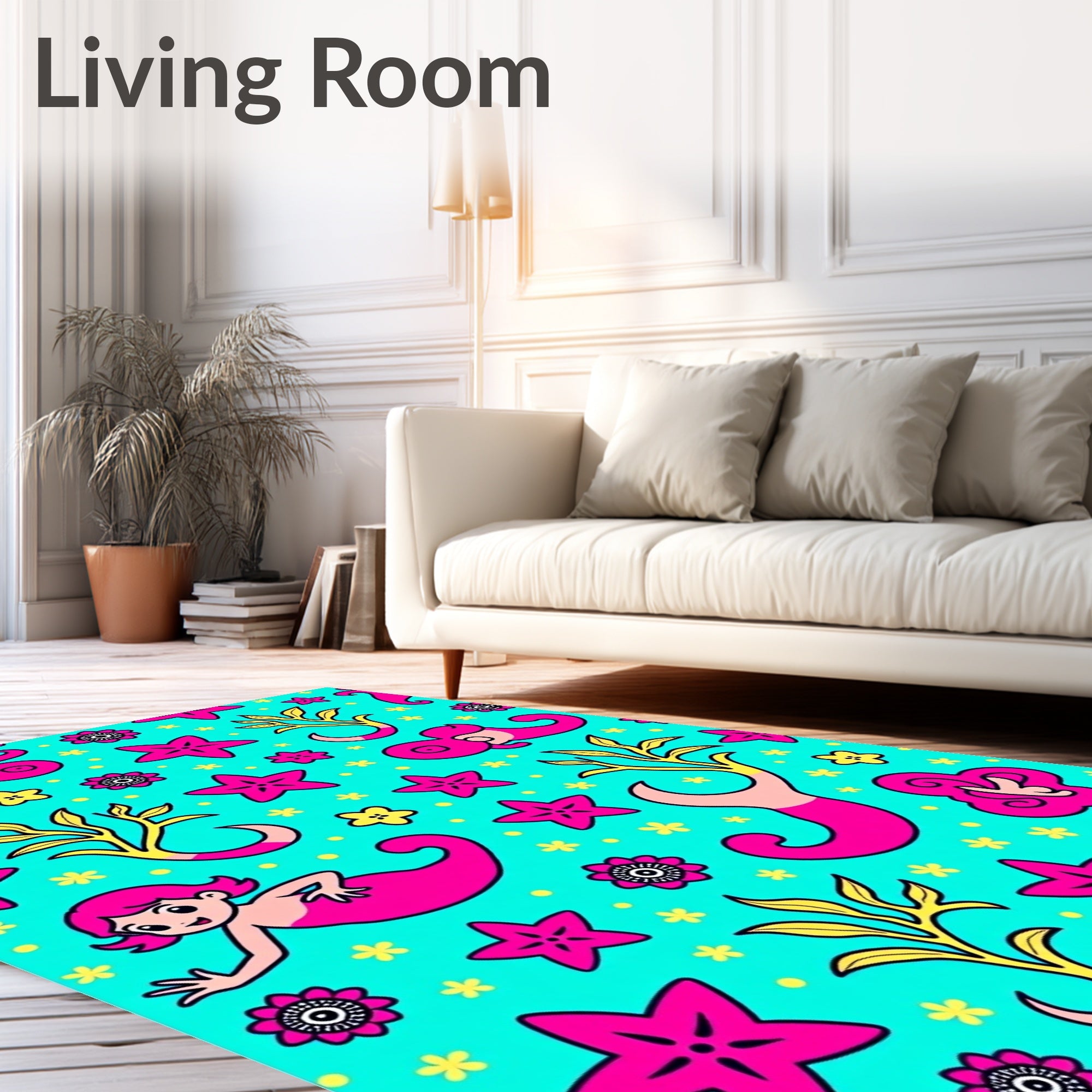 Cute Pink Mermaid Starfish Floral Aqua Rug