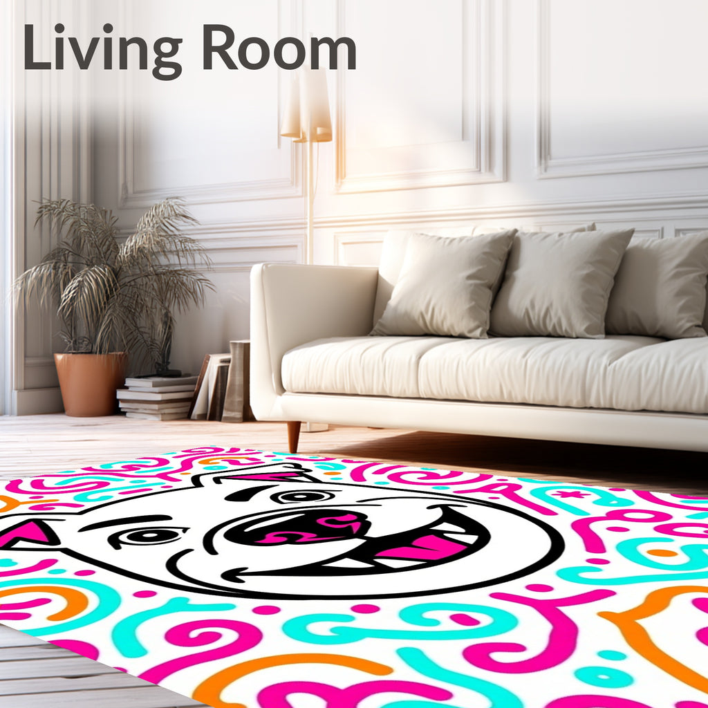 Playful Dog Face Turquoise Orange Swirls Rug