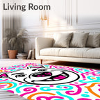 Playful Dog Face Turquoise Orange Swirls Rug