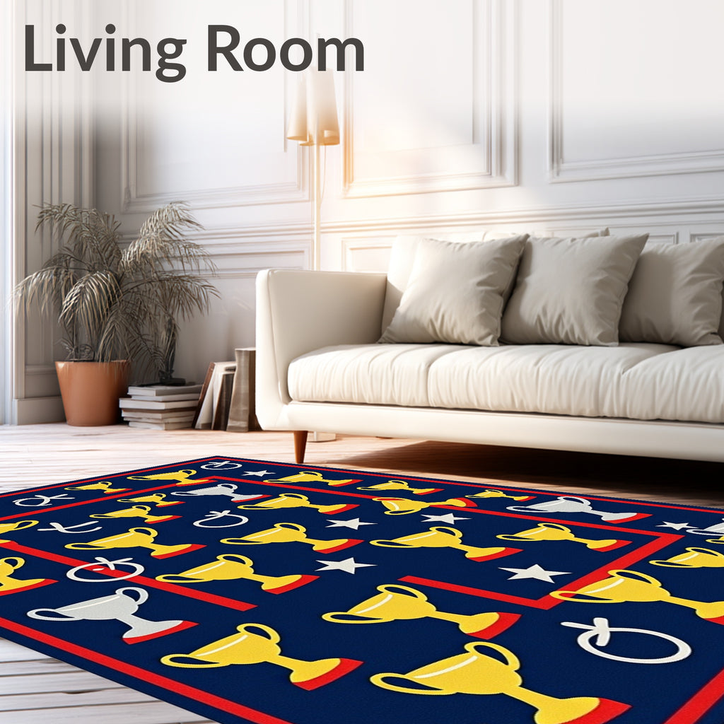 Gold Trophy Red Star Navy Background Rug