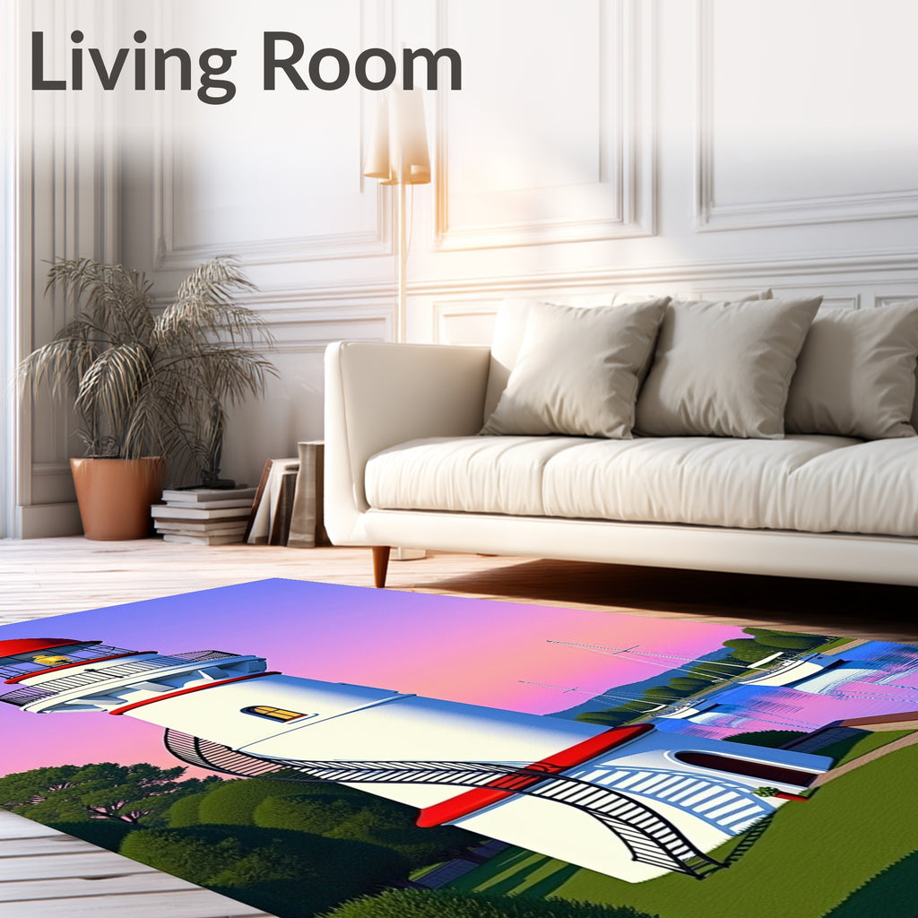 Coastal Lighthouse With Sailboats Sunset Rug
