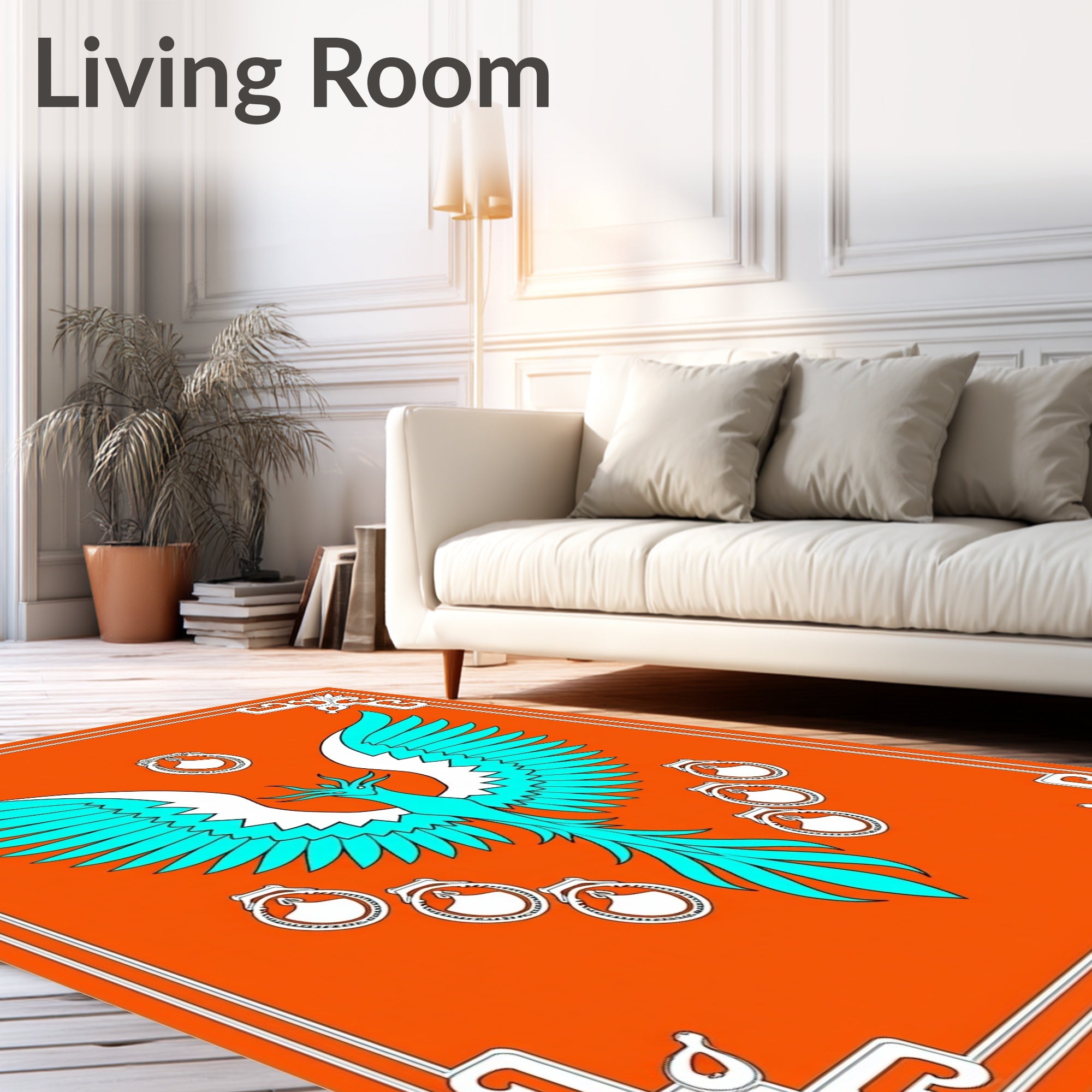 Orange Teal Phoenix Heraldic Rug