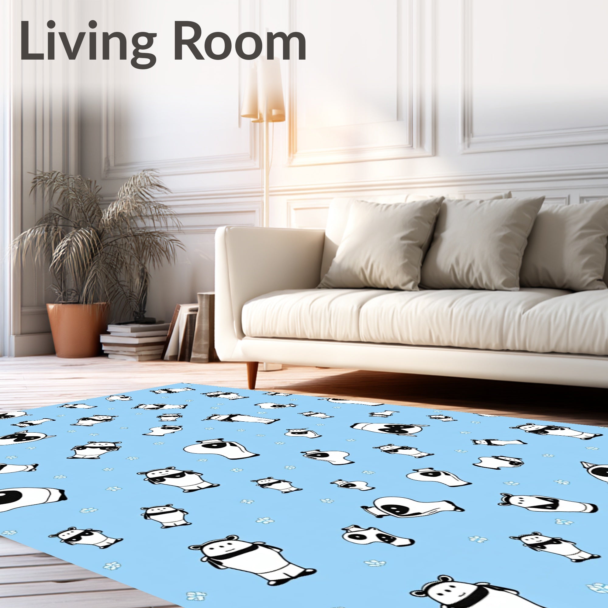 Cute Black White Panda Blue Floral Rug