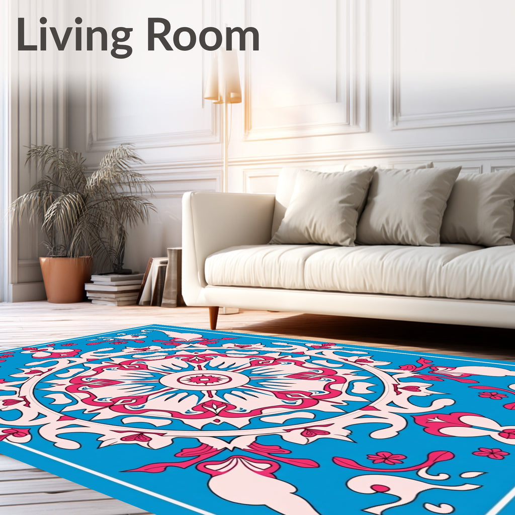 Majestic Pink and Blue Floral Mandala Rug