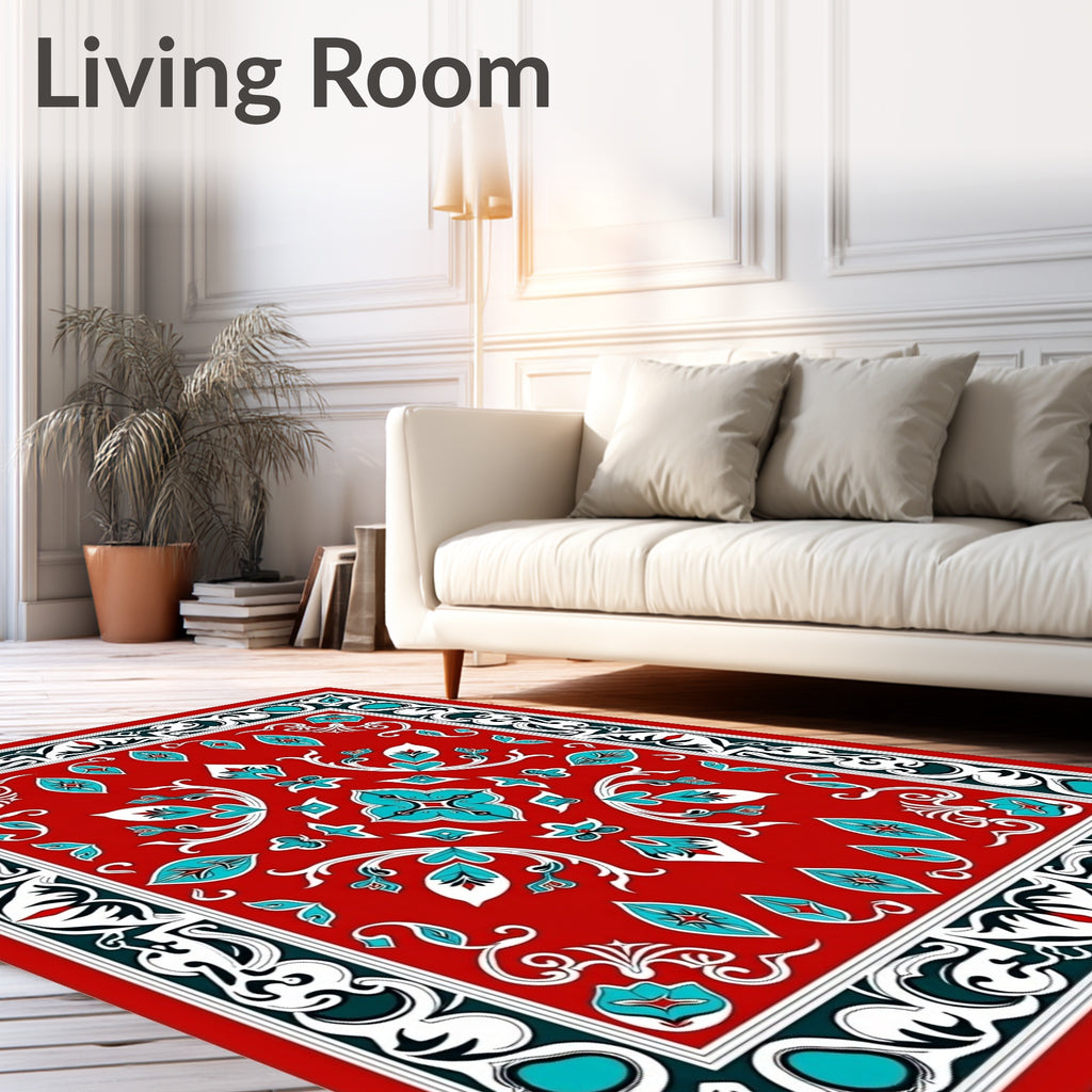 Crimson Teal Floral Medallion Border Rug