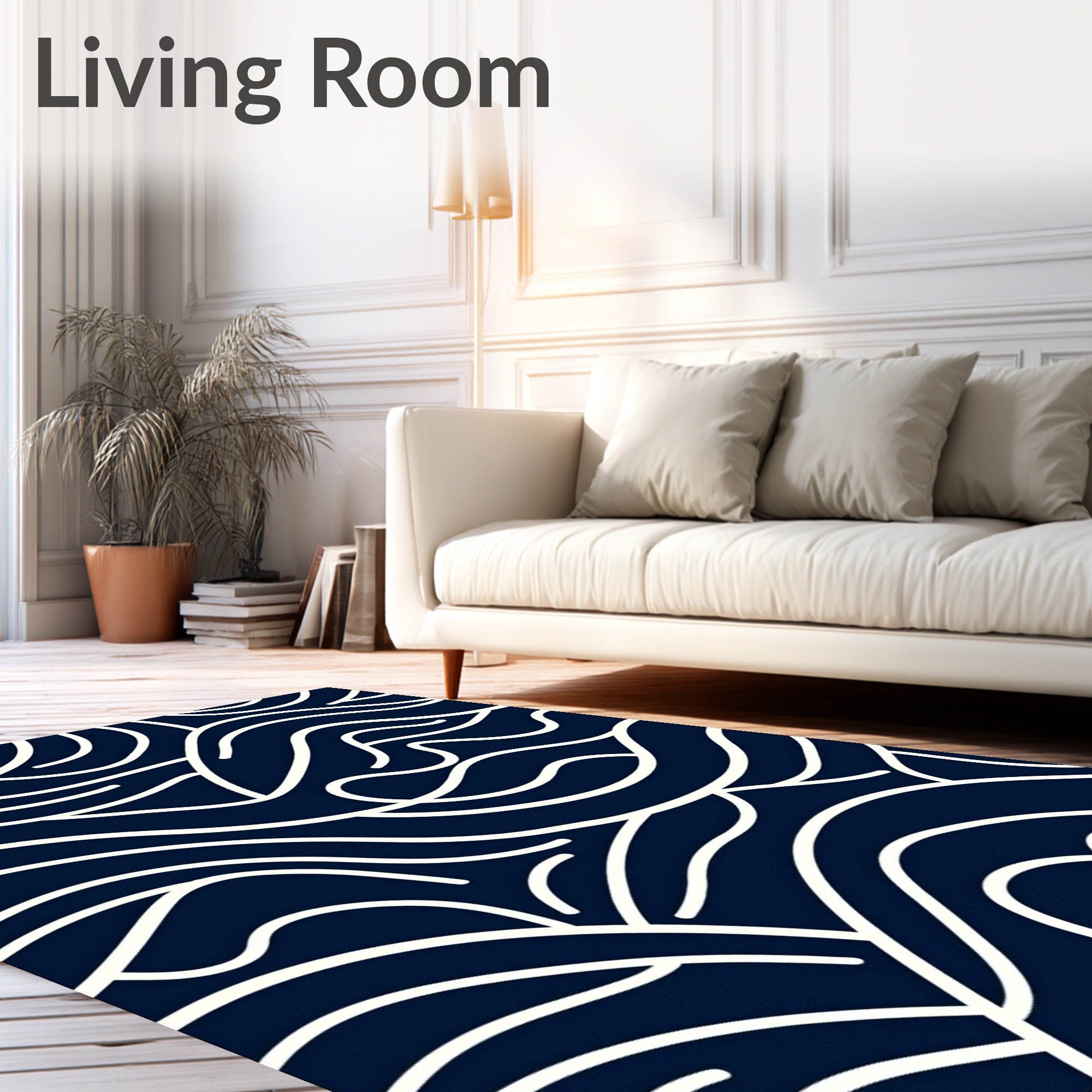 Deep Navy Cream Abstract Flow Rug