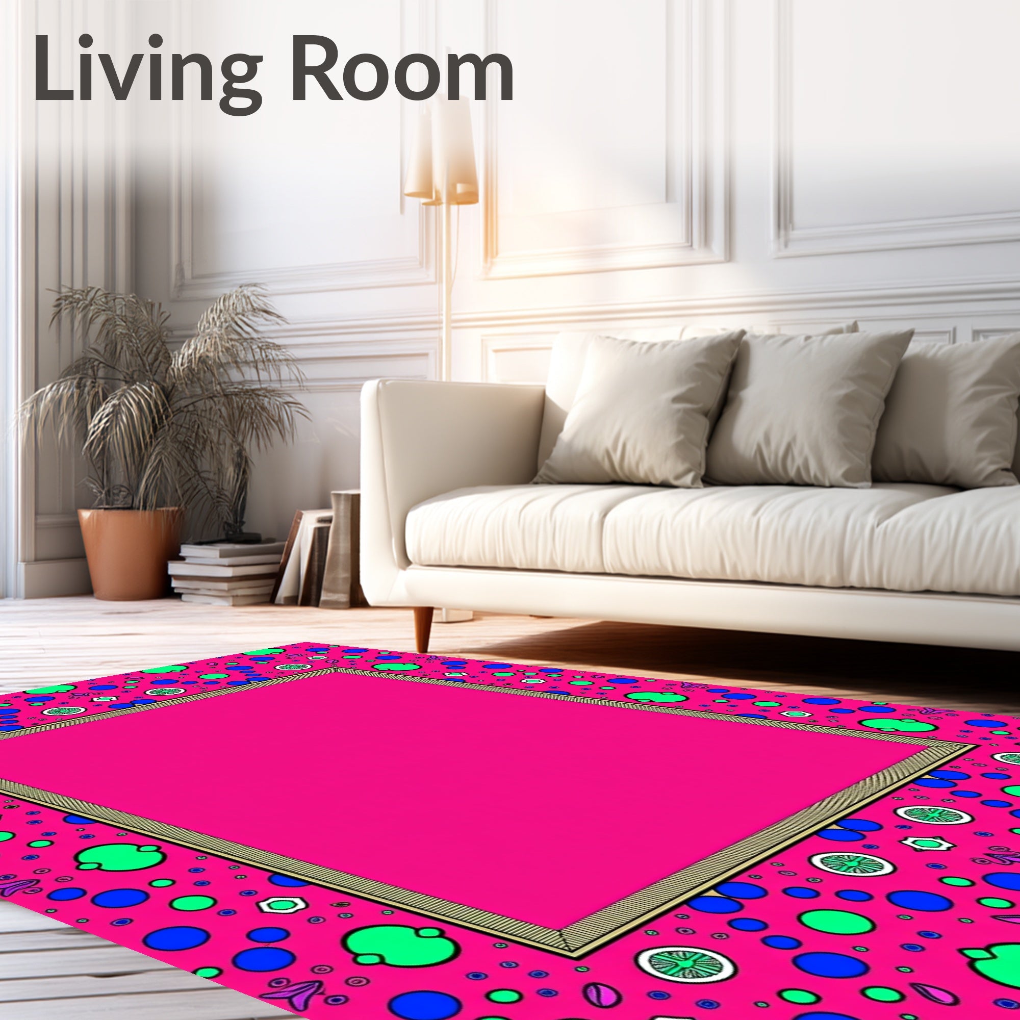 Vibrant Pink Blue Green Bubble Frame Rug