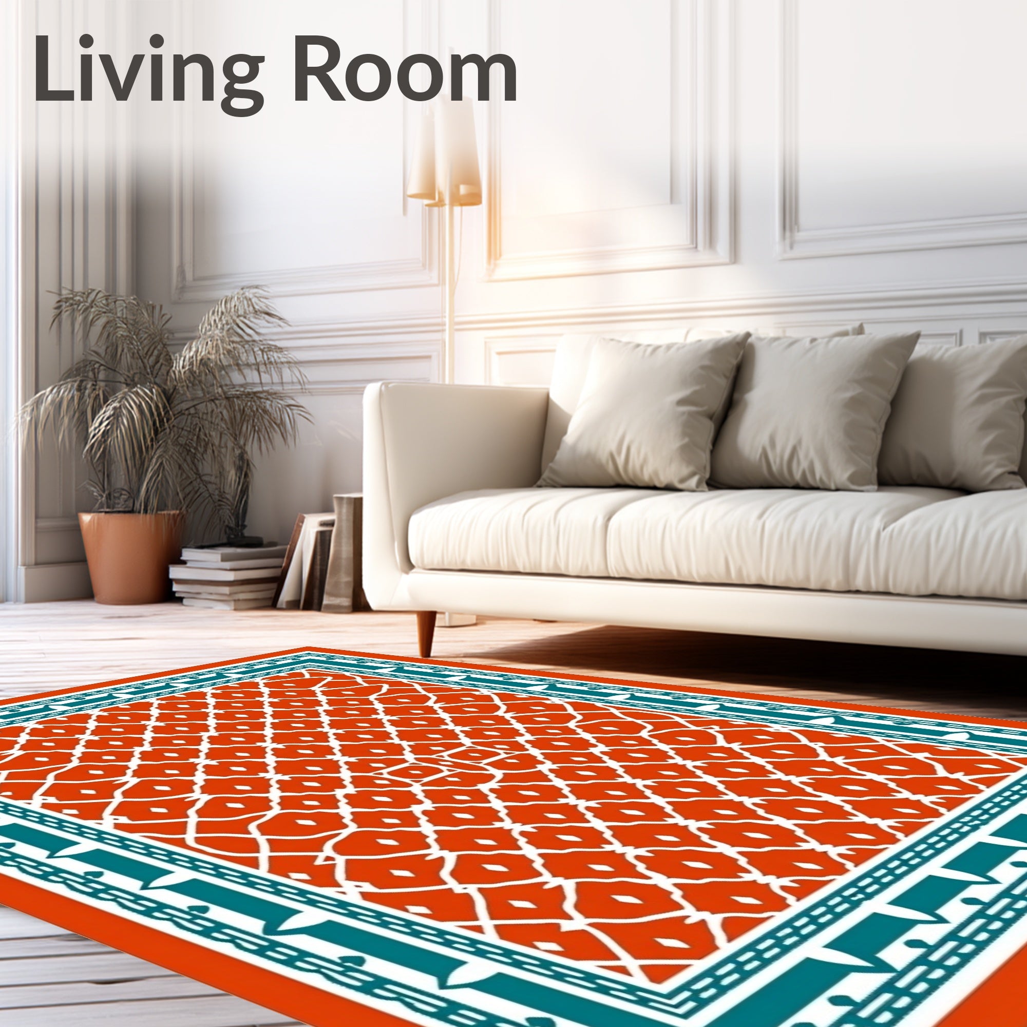 Vibrant Coral Lattice Border Rug