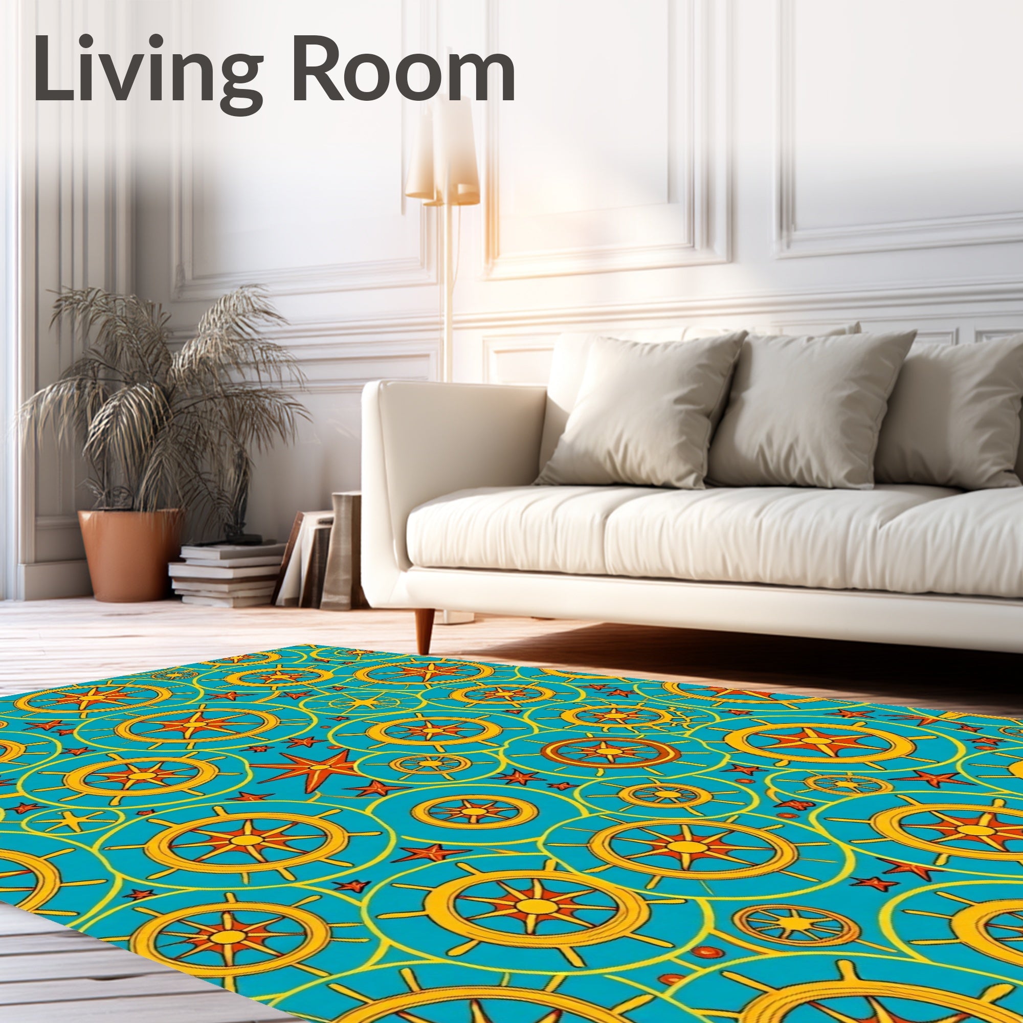 Nautical Yellow Star Ship Wheel Rug