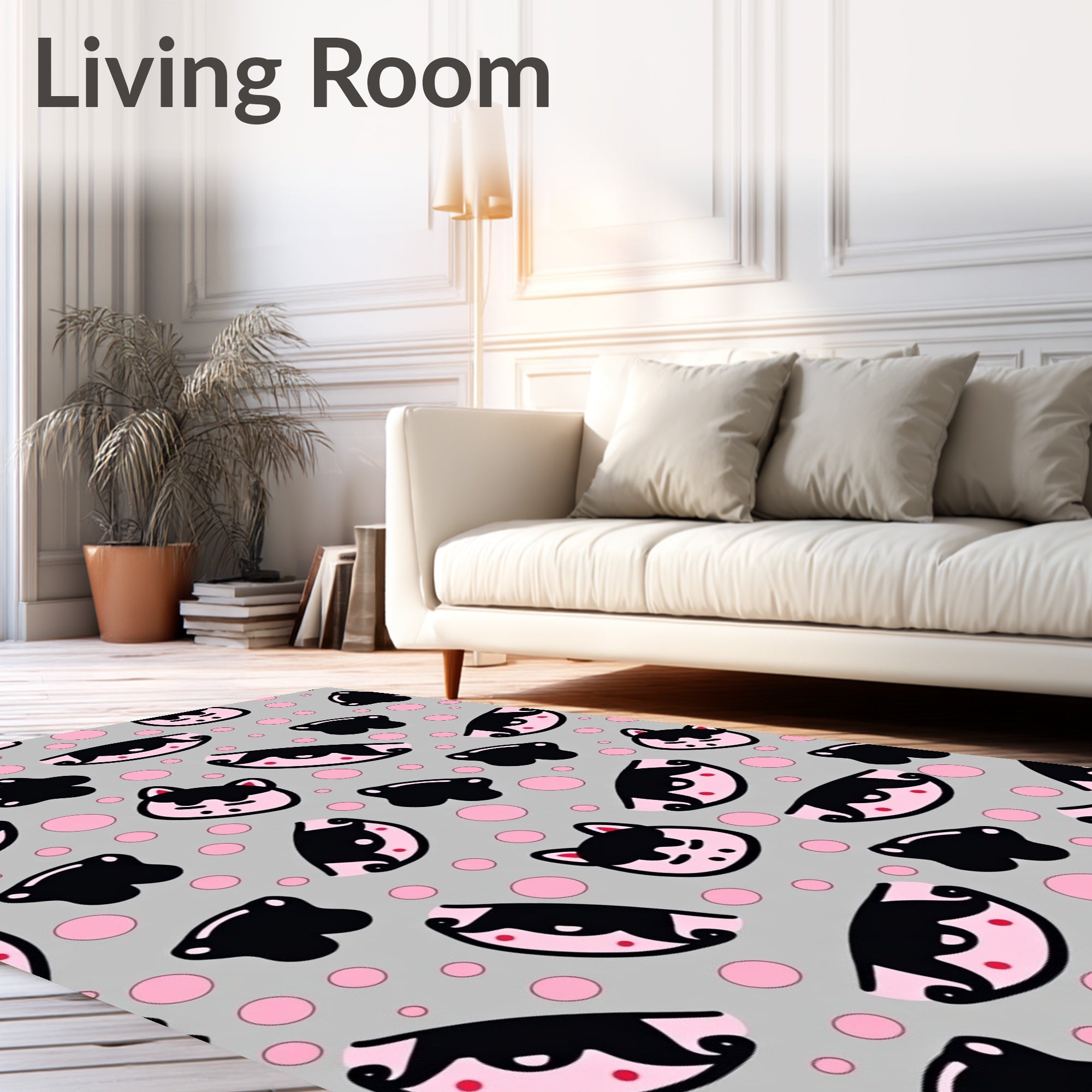 Cute Kawaii Cat Faces Pink Polka Dots Rug