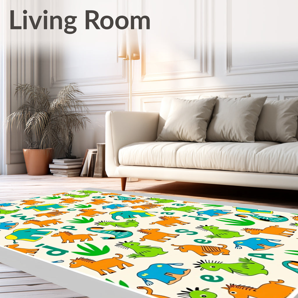 Cartoon Animals Playful Ivory Background Rug