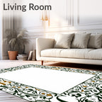 Ornate Green Gold Leaf Border Rug