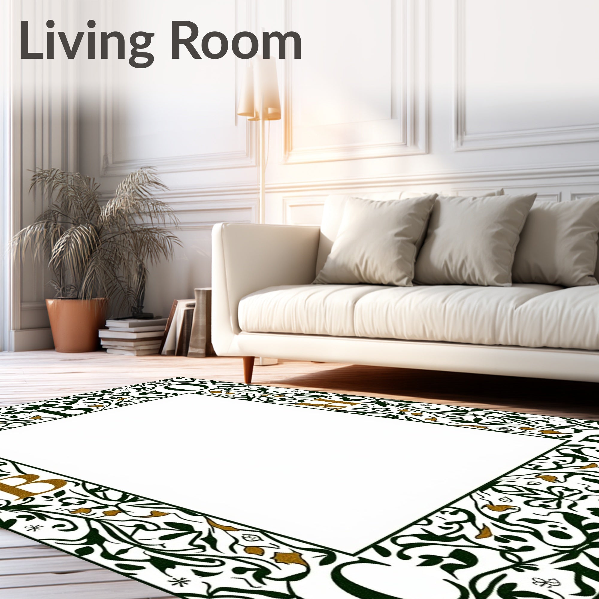 Ornate Green Gold Leaf Border Rug