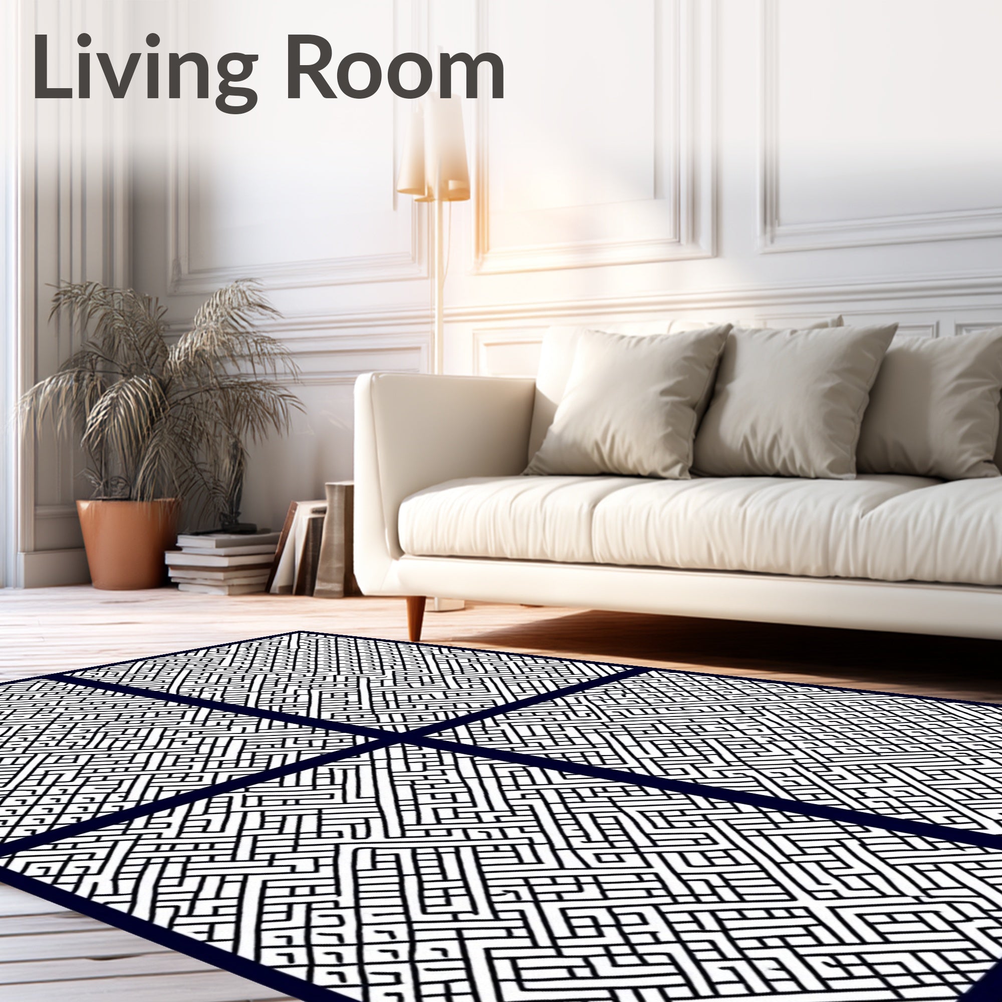 Modern White Black Interlocking Line Rug