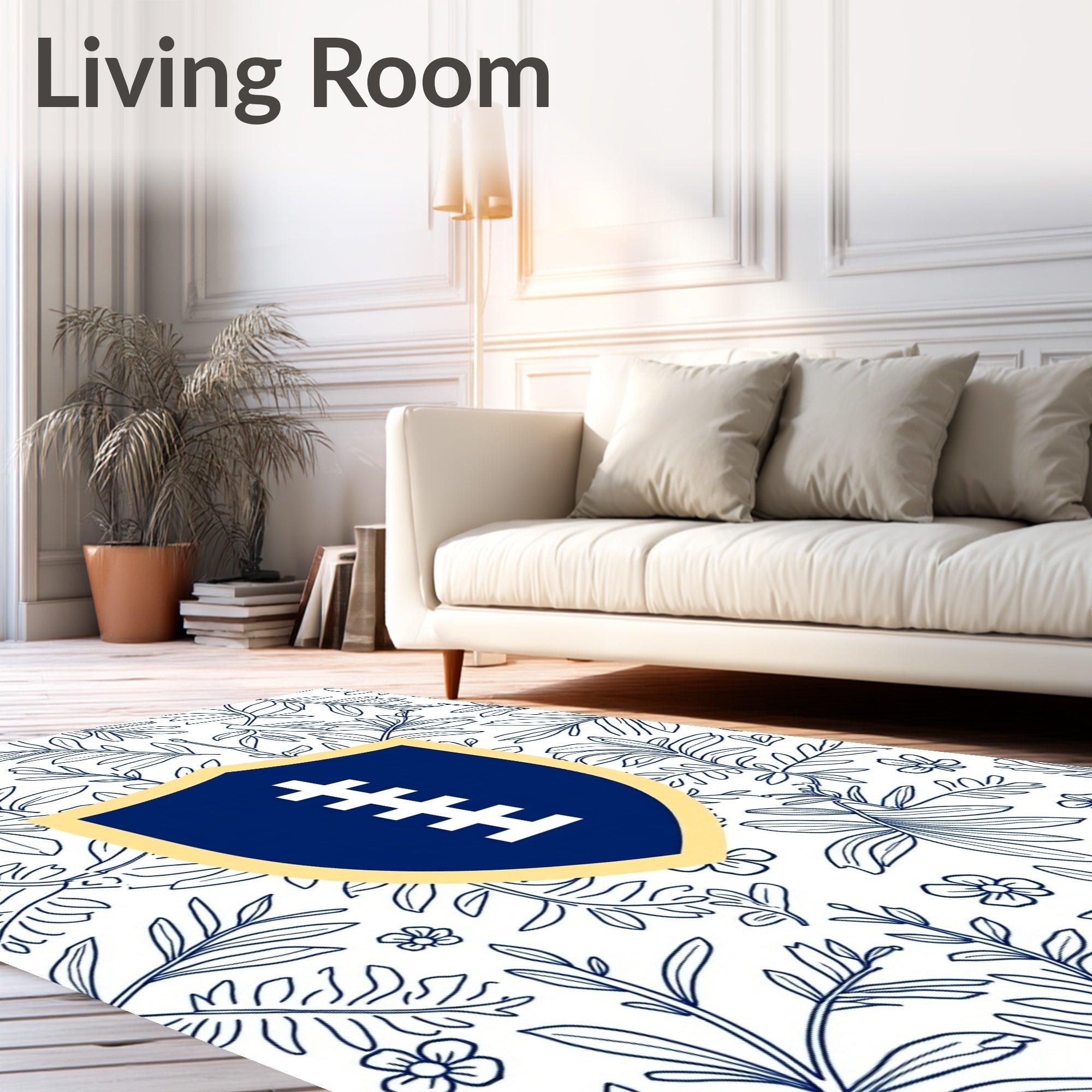 Navy Blue Shield Botanical Line Art Rug