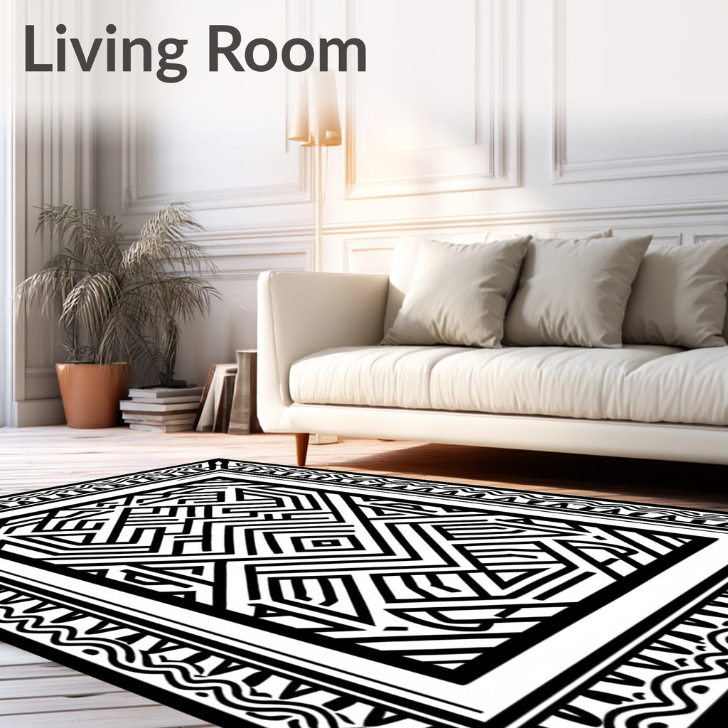 Abstract Black White Linear Geometric Loom Rug