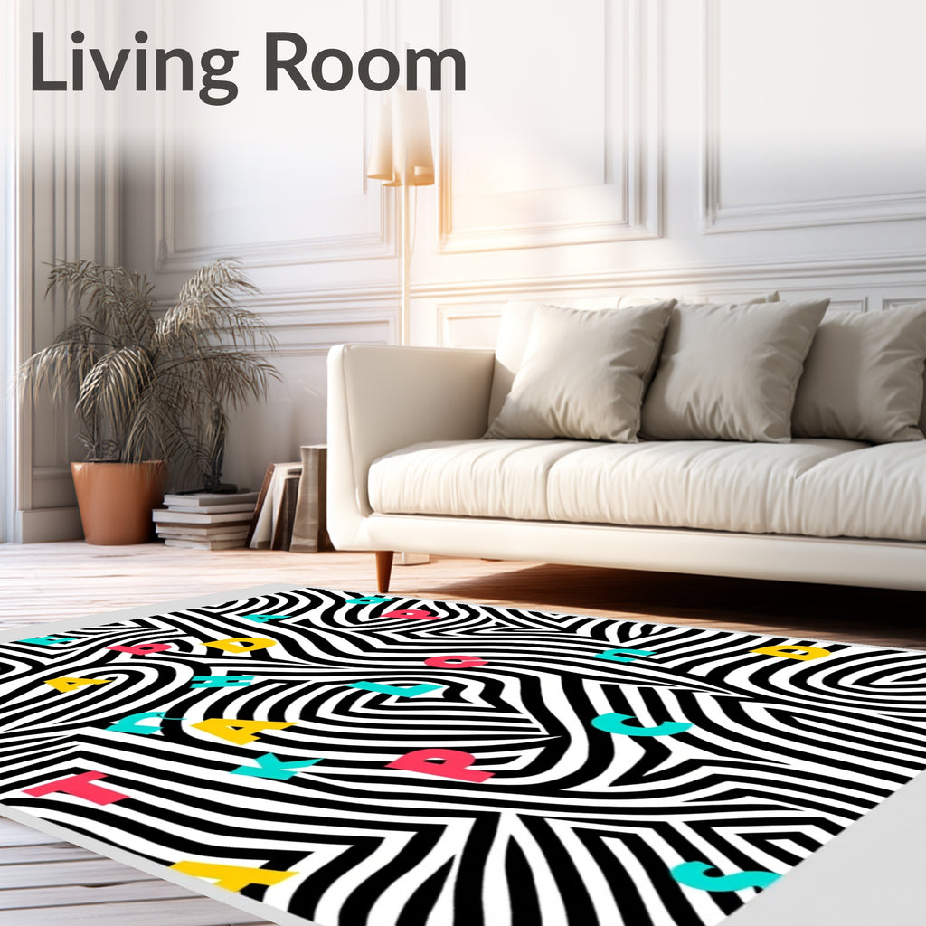 Colorful Alphabet Black White Swirl Rug