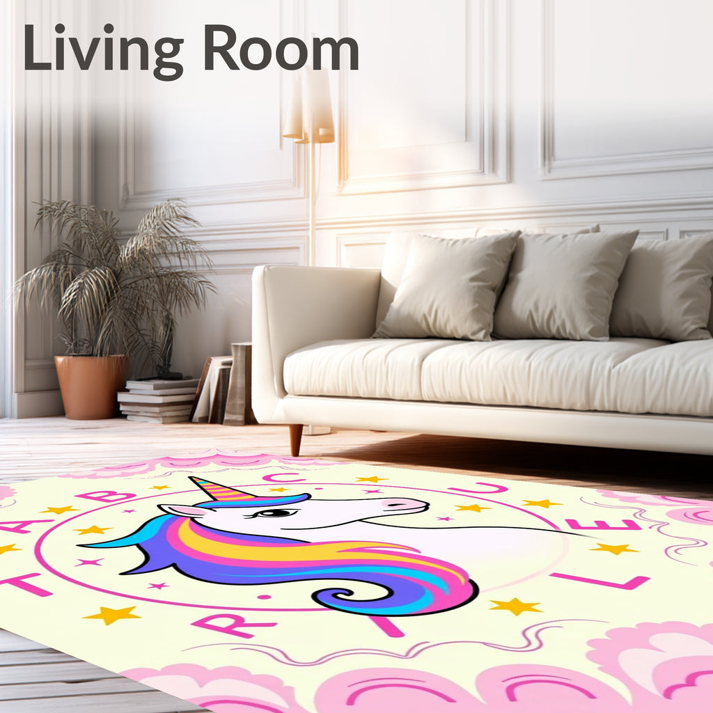 Whimsical Unicorn Rainbow Stars Alphabet Rug