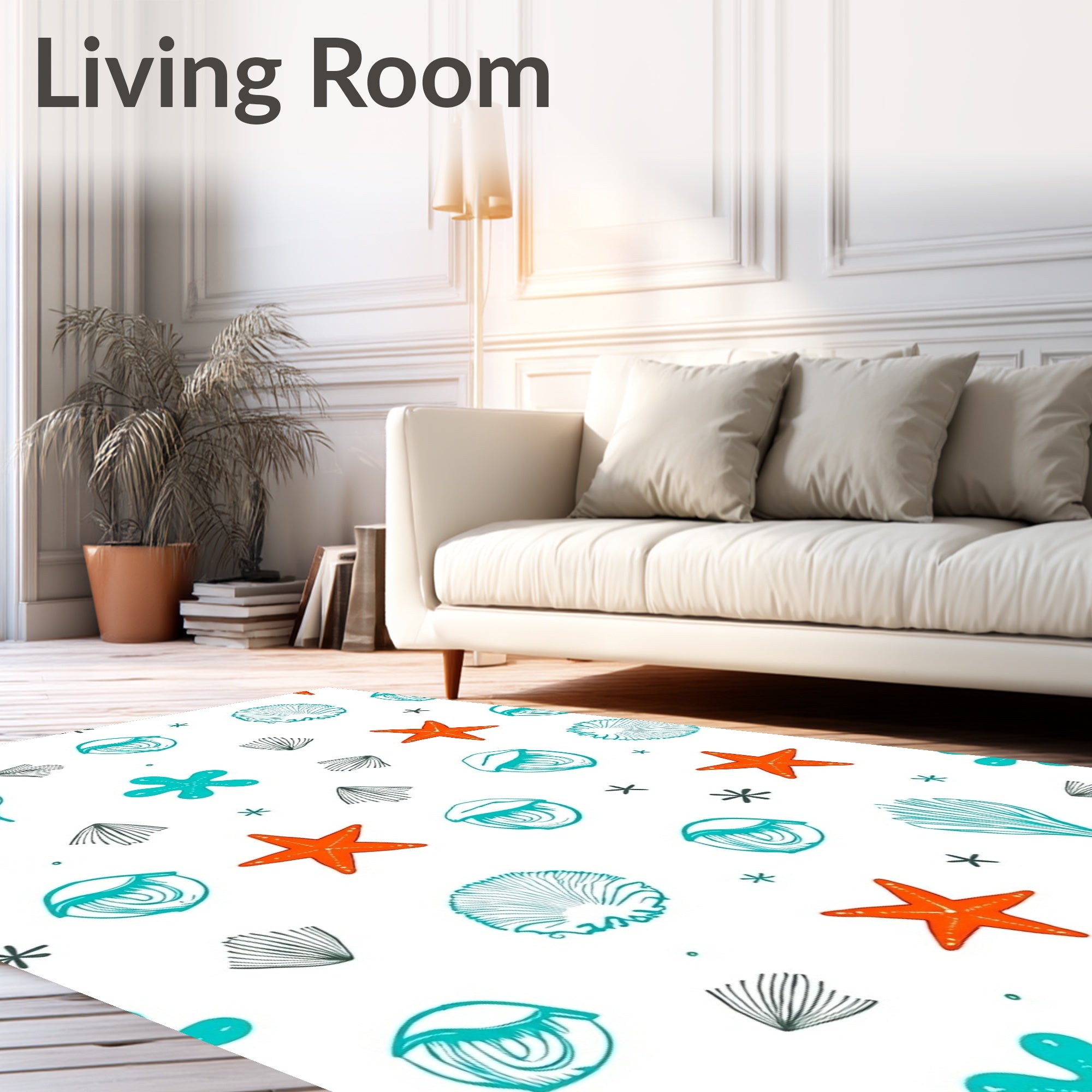 Coral Orange Starfish Aqua Shells Rug