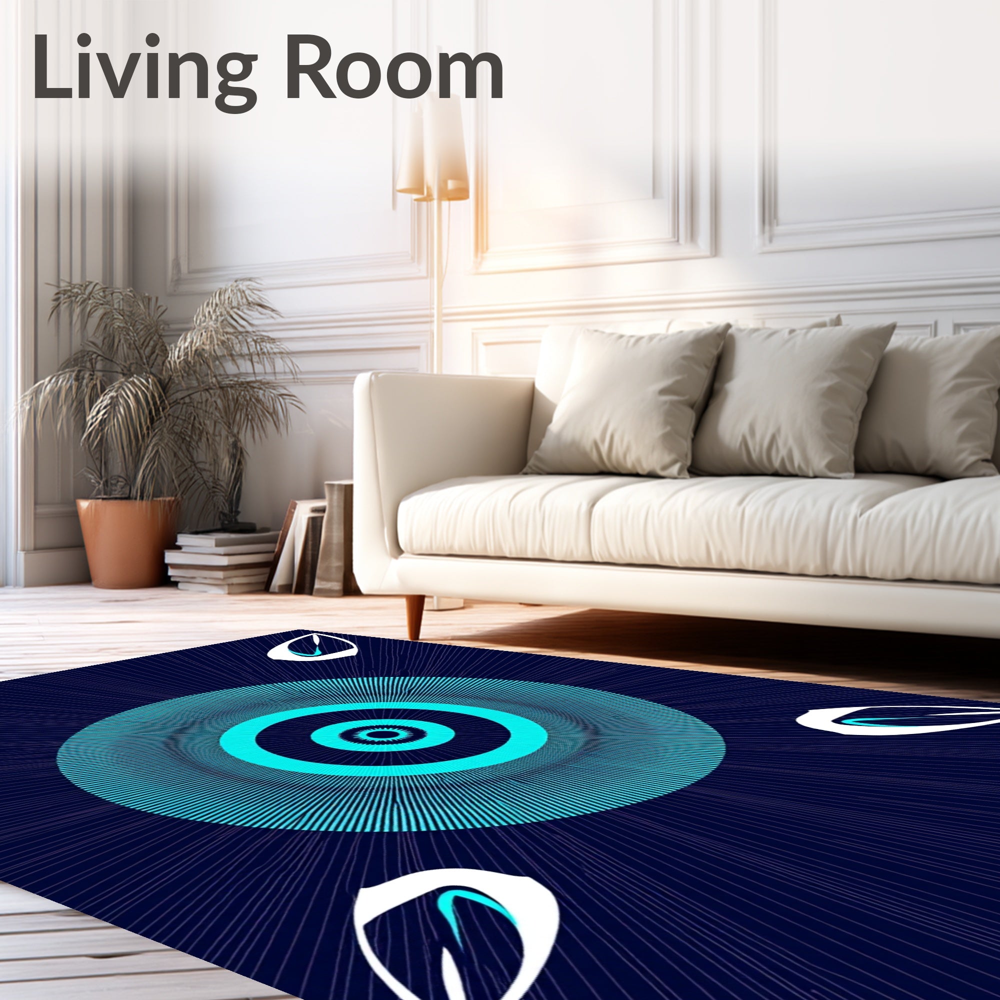 Cyan Concentric Circles White Petals Rug