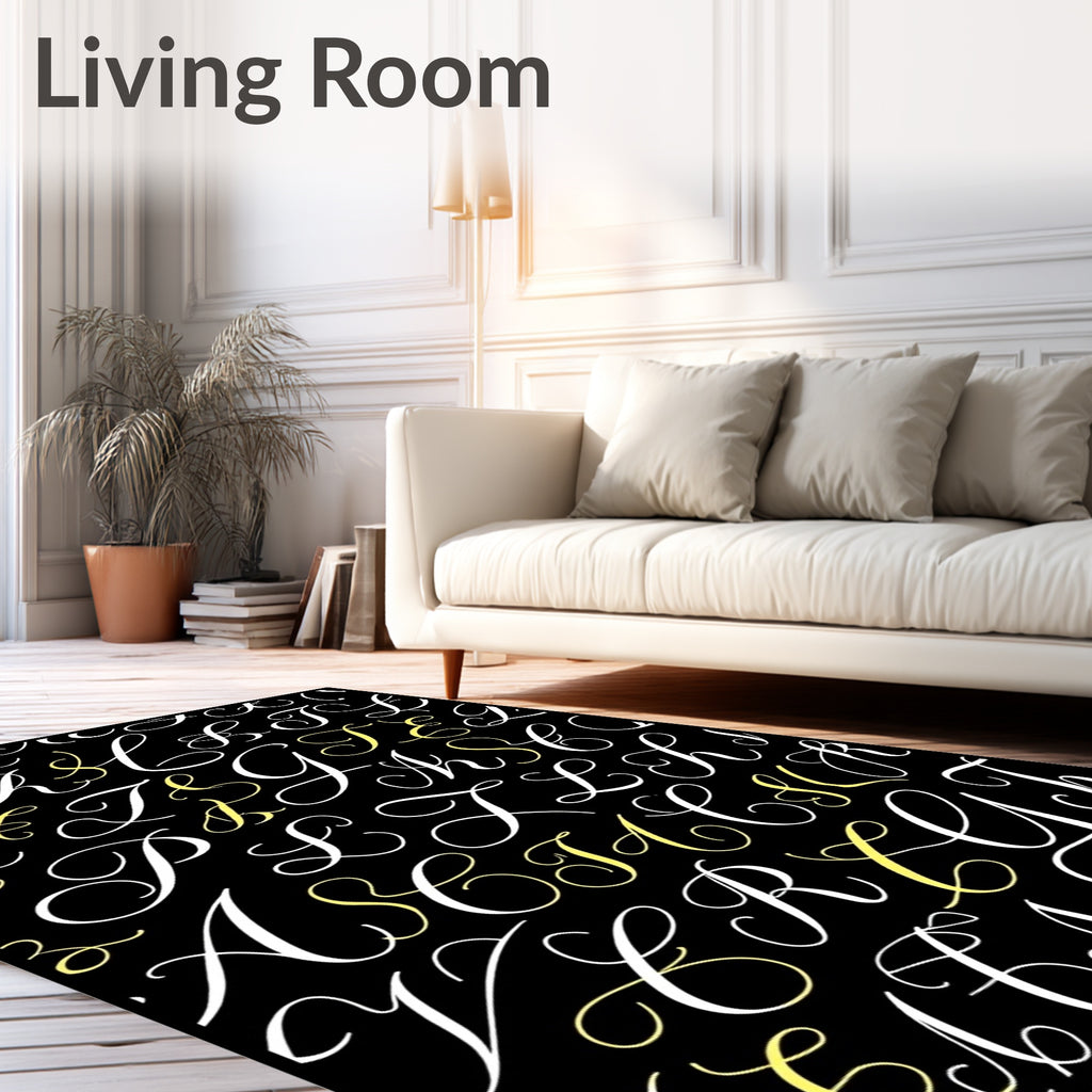 Monogram Black White Yellow Script Letters Rug