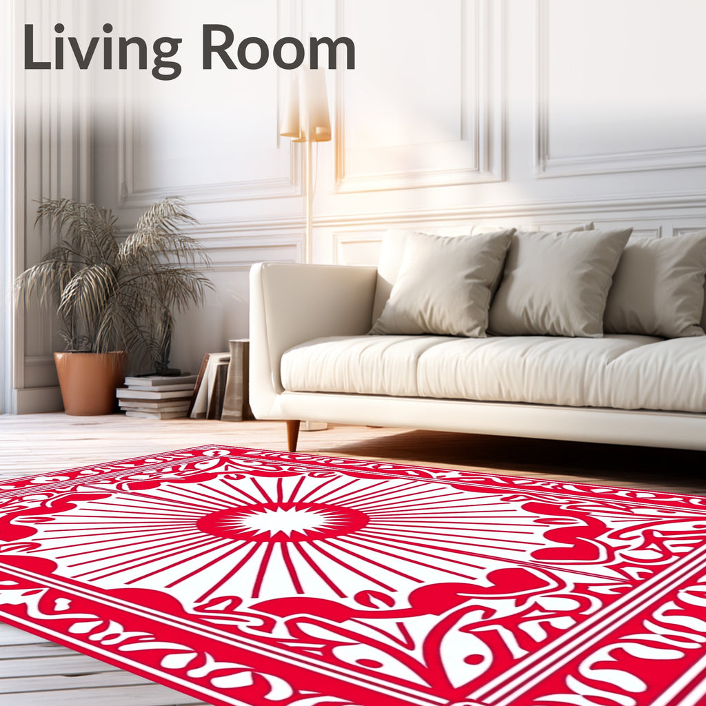 Crimson Sunburst Ornate Border Rug