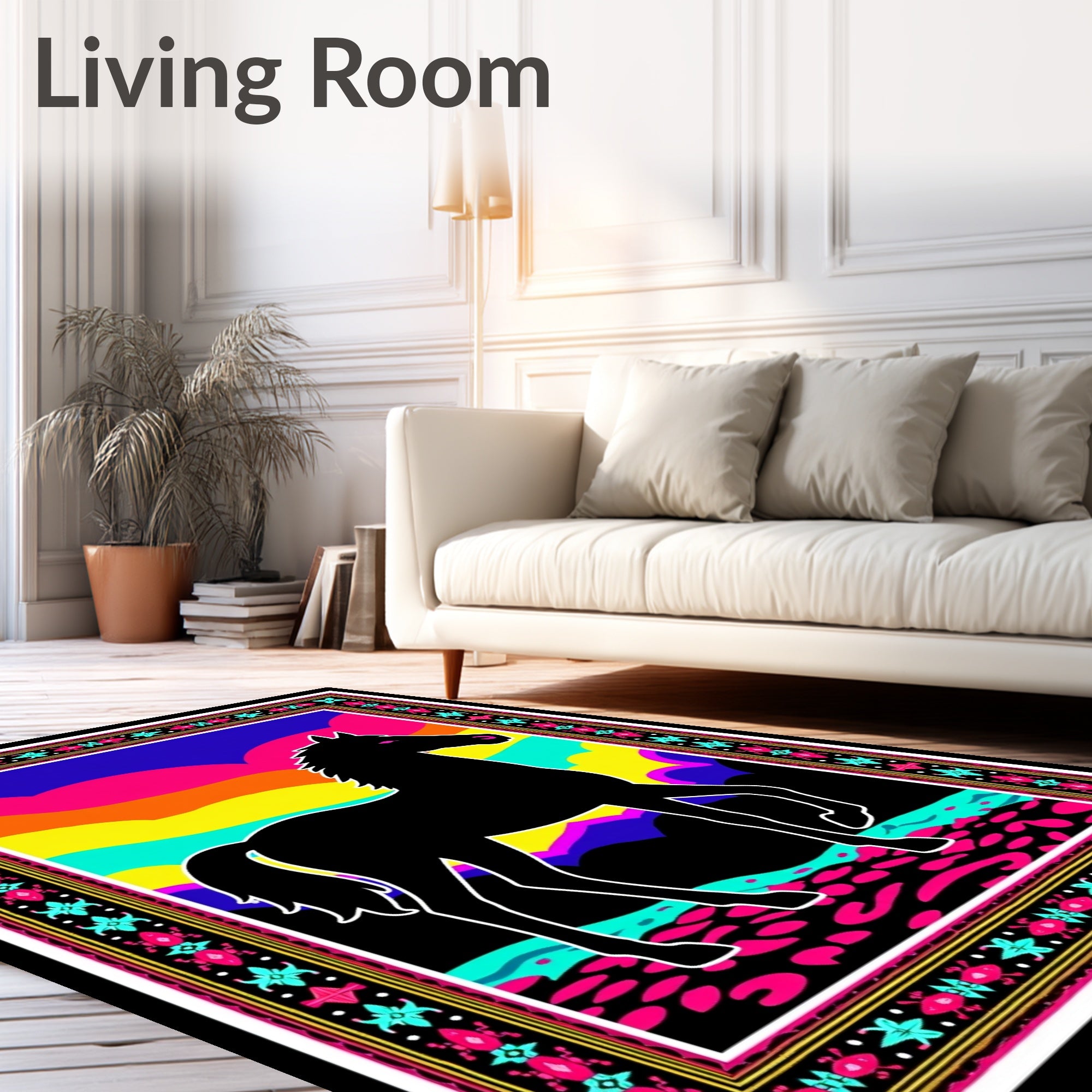 Bold Black Horse Vibrant Landscape Art Rug