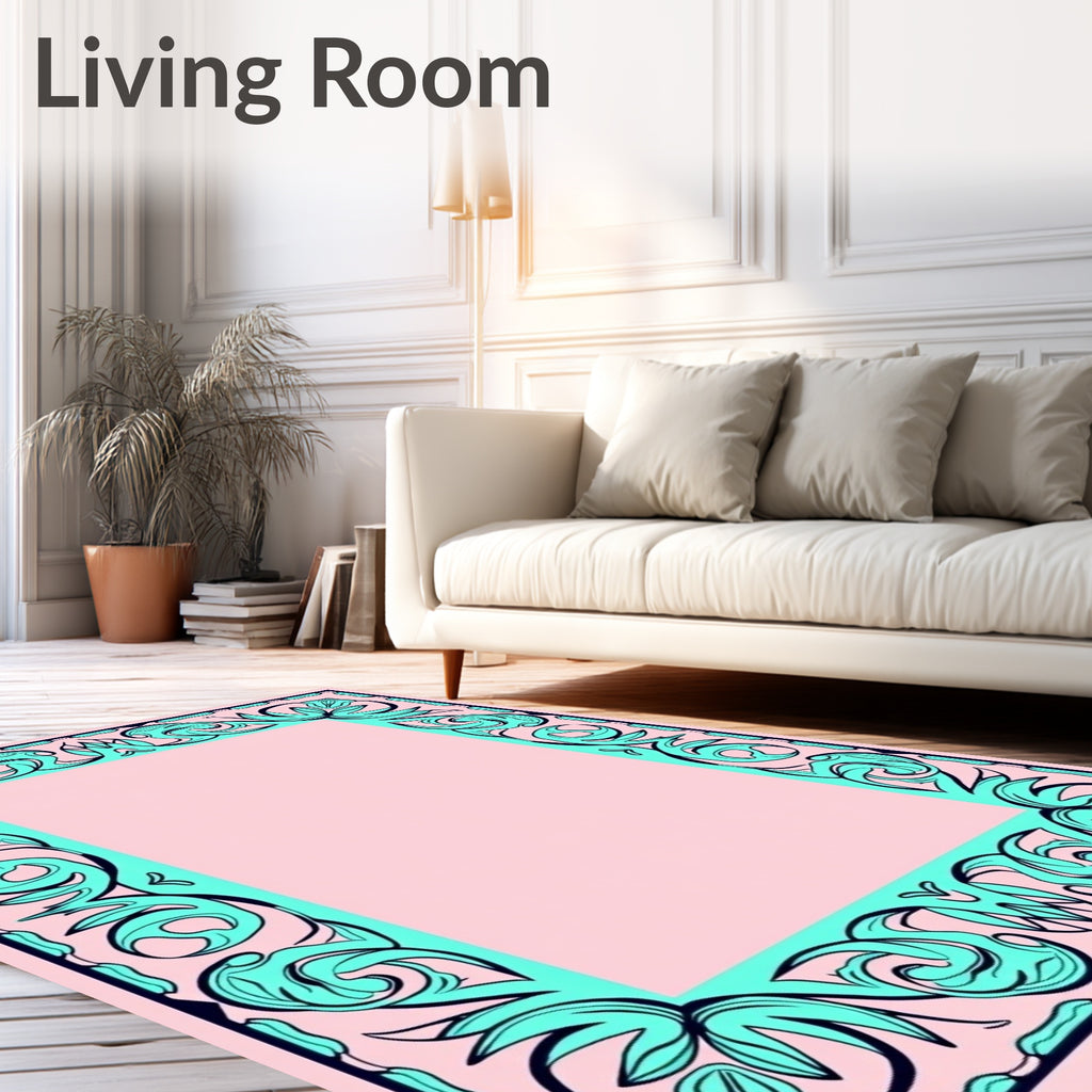 Pink Mint Teal Floral Swirl Border Rug