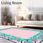 Pink Mint Teal Floral Swirl Border Rug