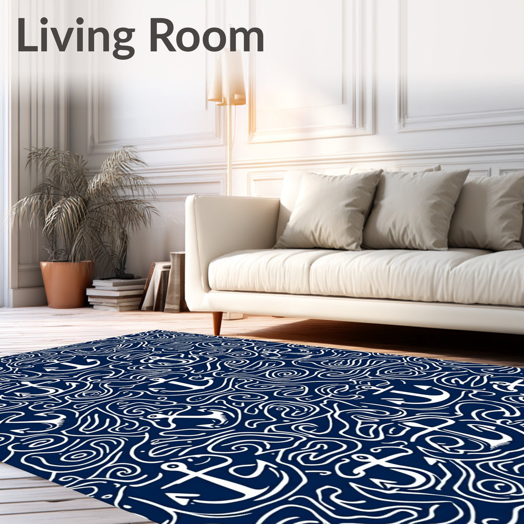 Navy White Anchor Sea Swirl Rug