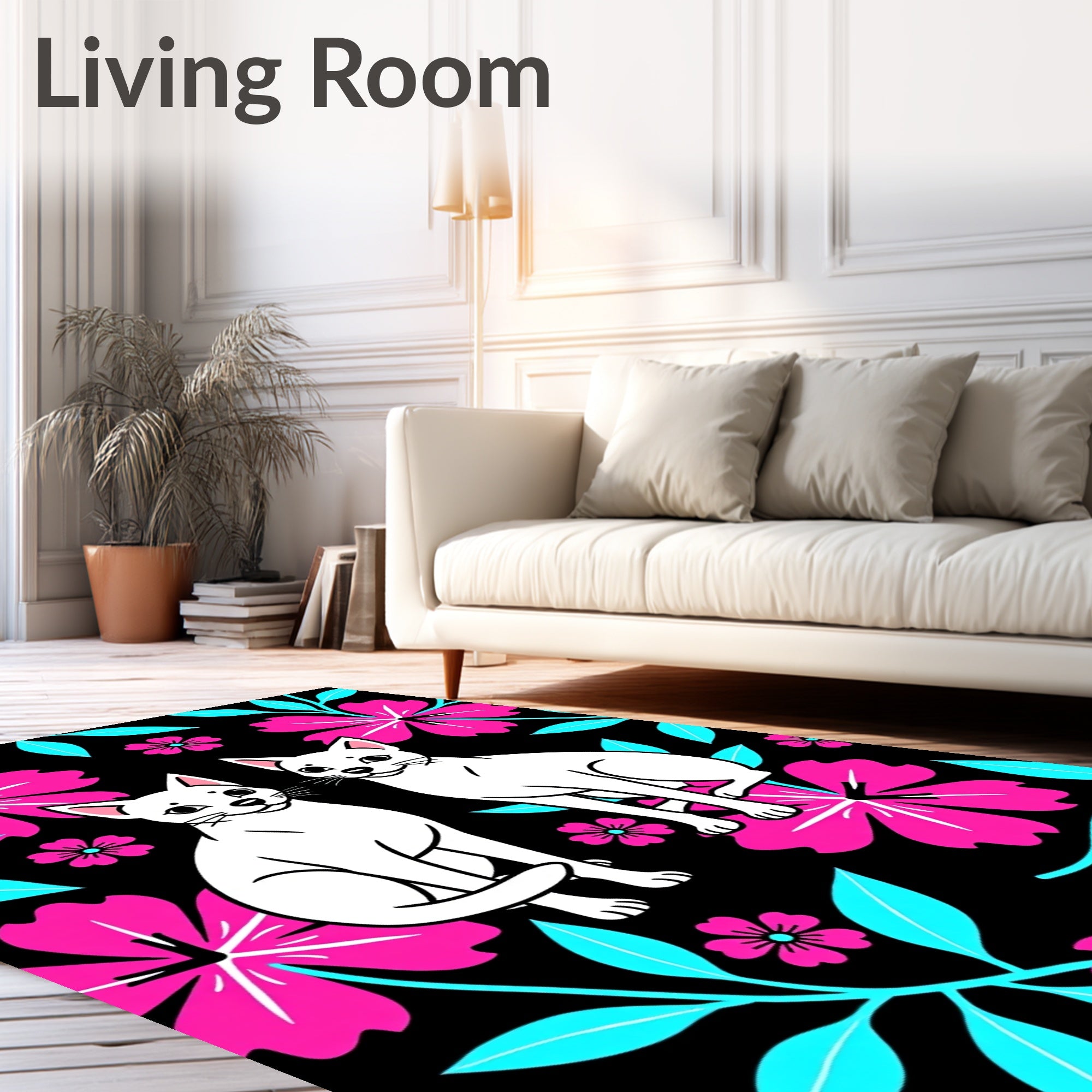 Whimsical White Cats Tropical Bloom Rug