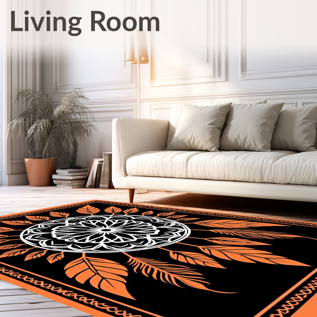 Orange White Floral Feather Mandala Rug