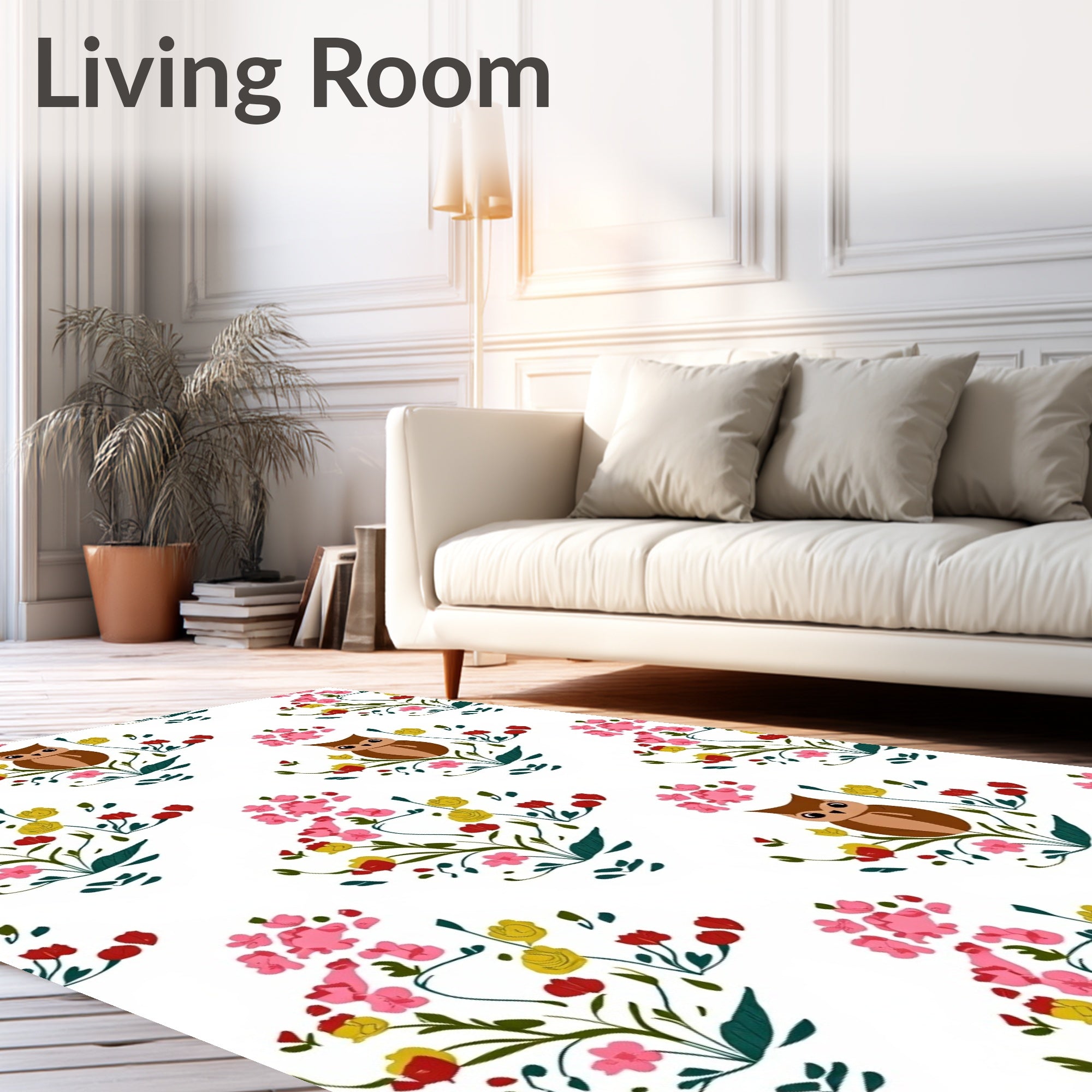 Whimsical Owl Pink Floral Meadow Rug