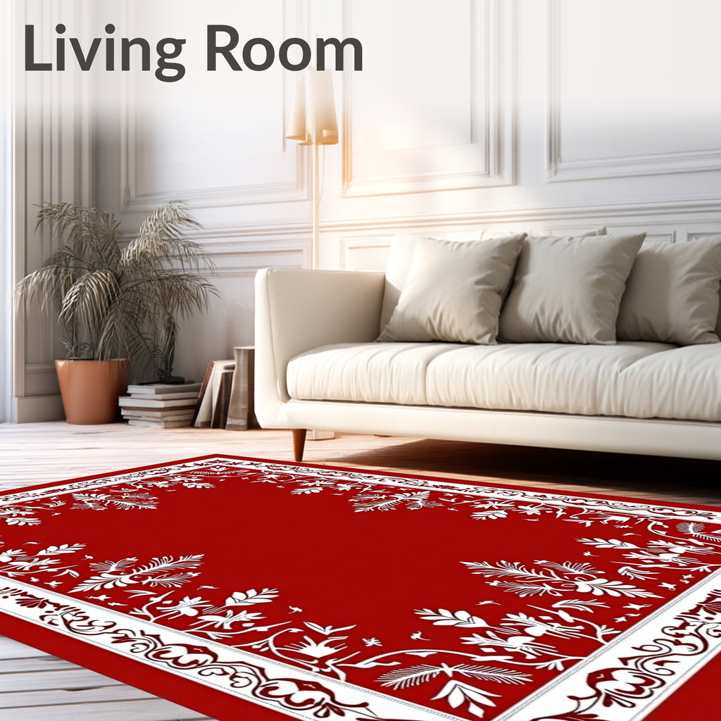 Classic White Floral Border Red Rug