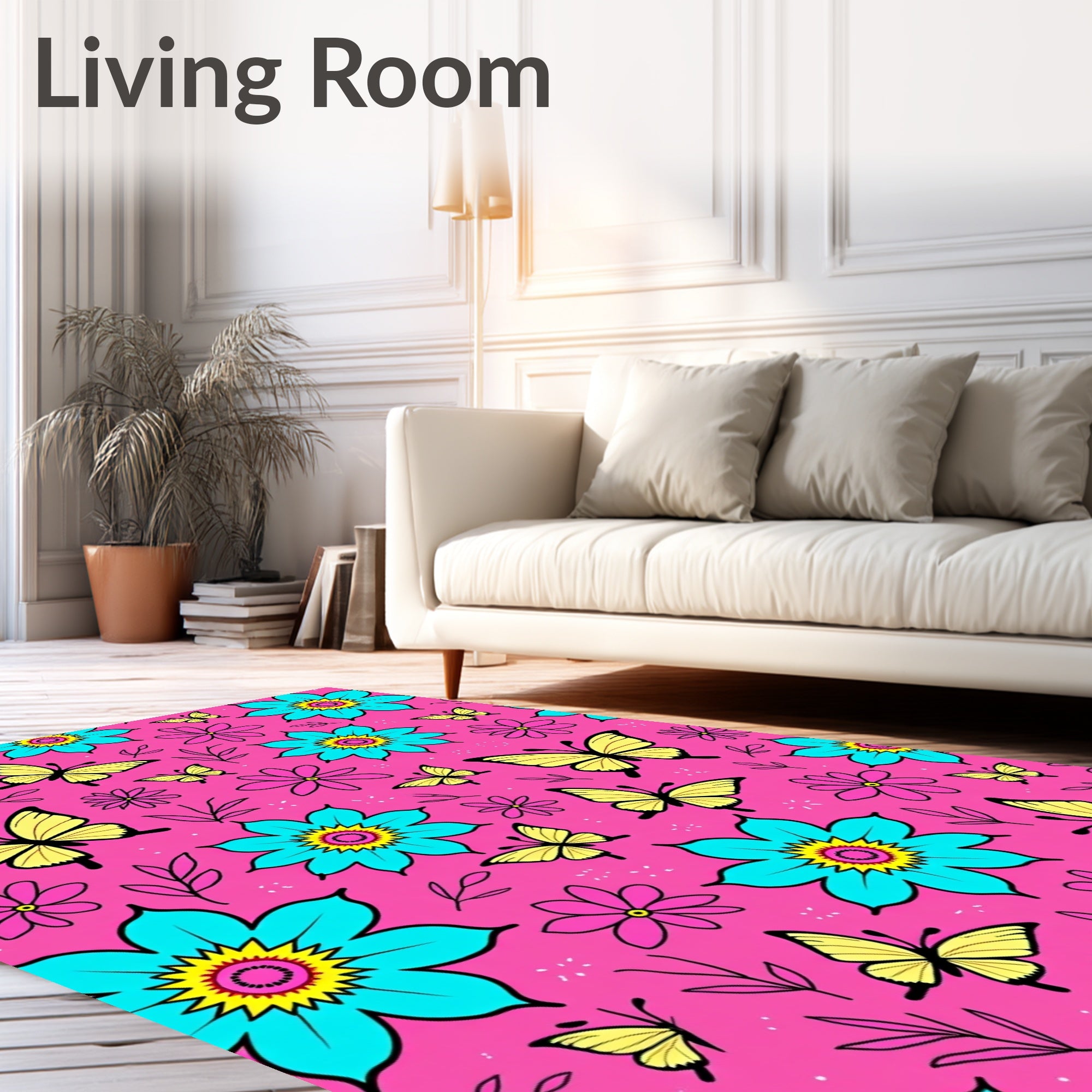 Bright Pink Yellow Butterfly Floral Rug